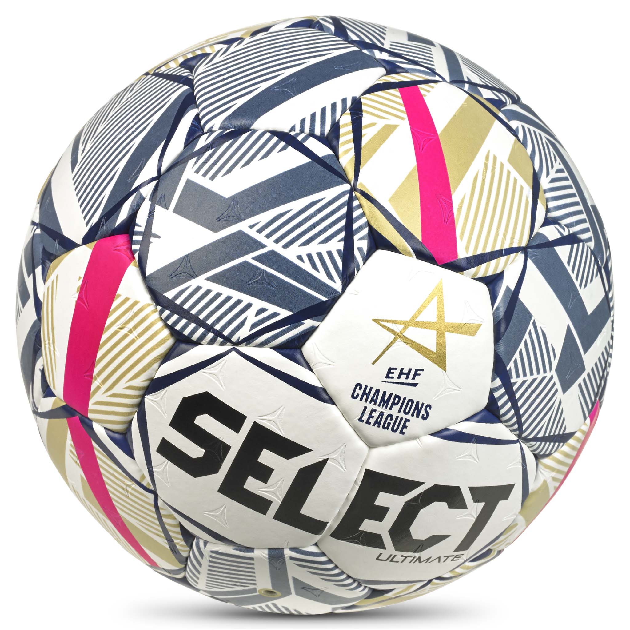 Ultimate EHF Champions League v26 handboll, sedd framifrån, vit med blått, guld och rosa geometriskt mönster