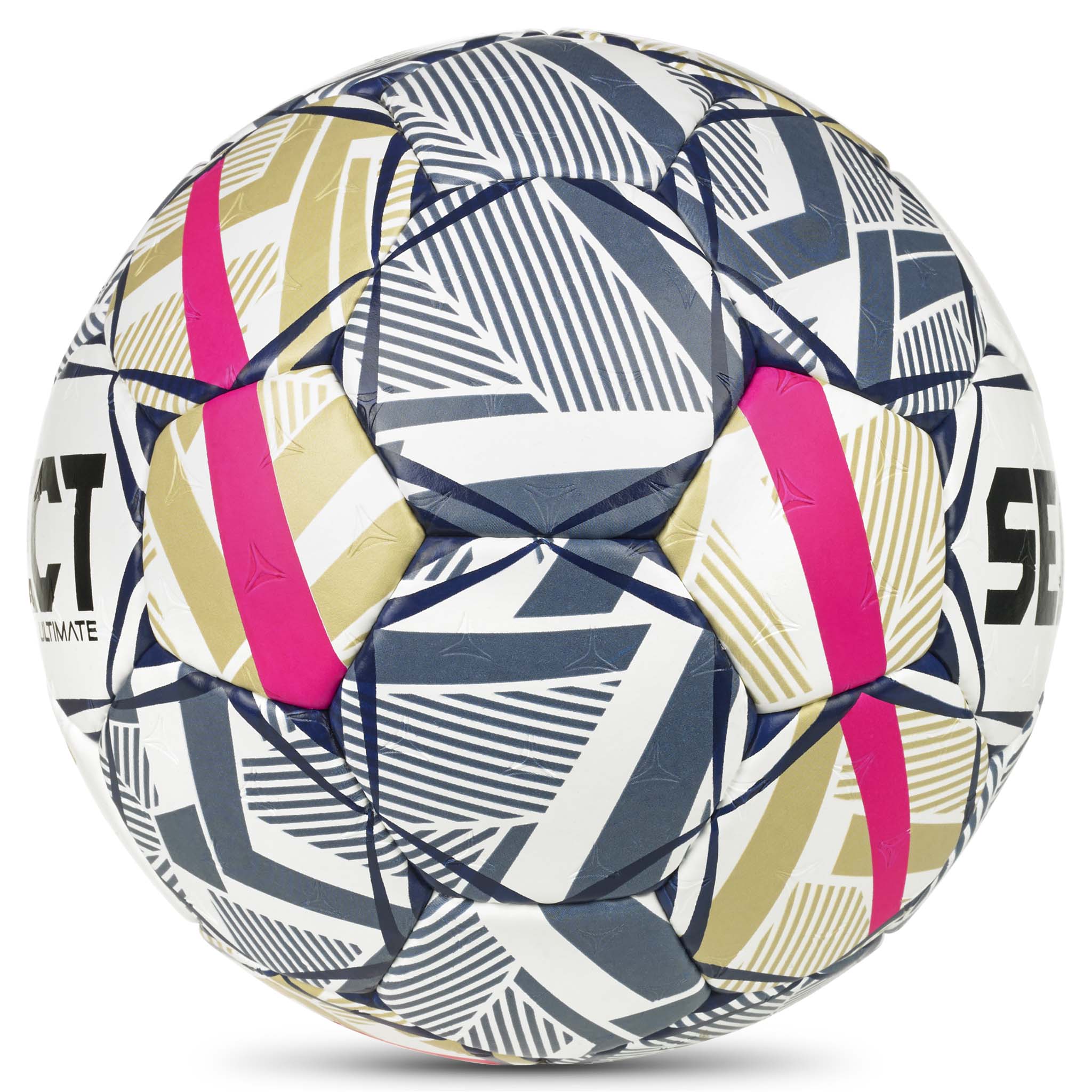 Ultimate EHF Champions League v26 handboll, vit med blått, guld och rosa geometriskt mönster, sedd från höger sida.