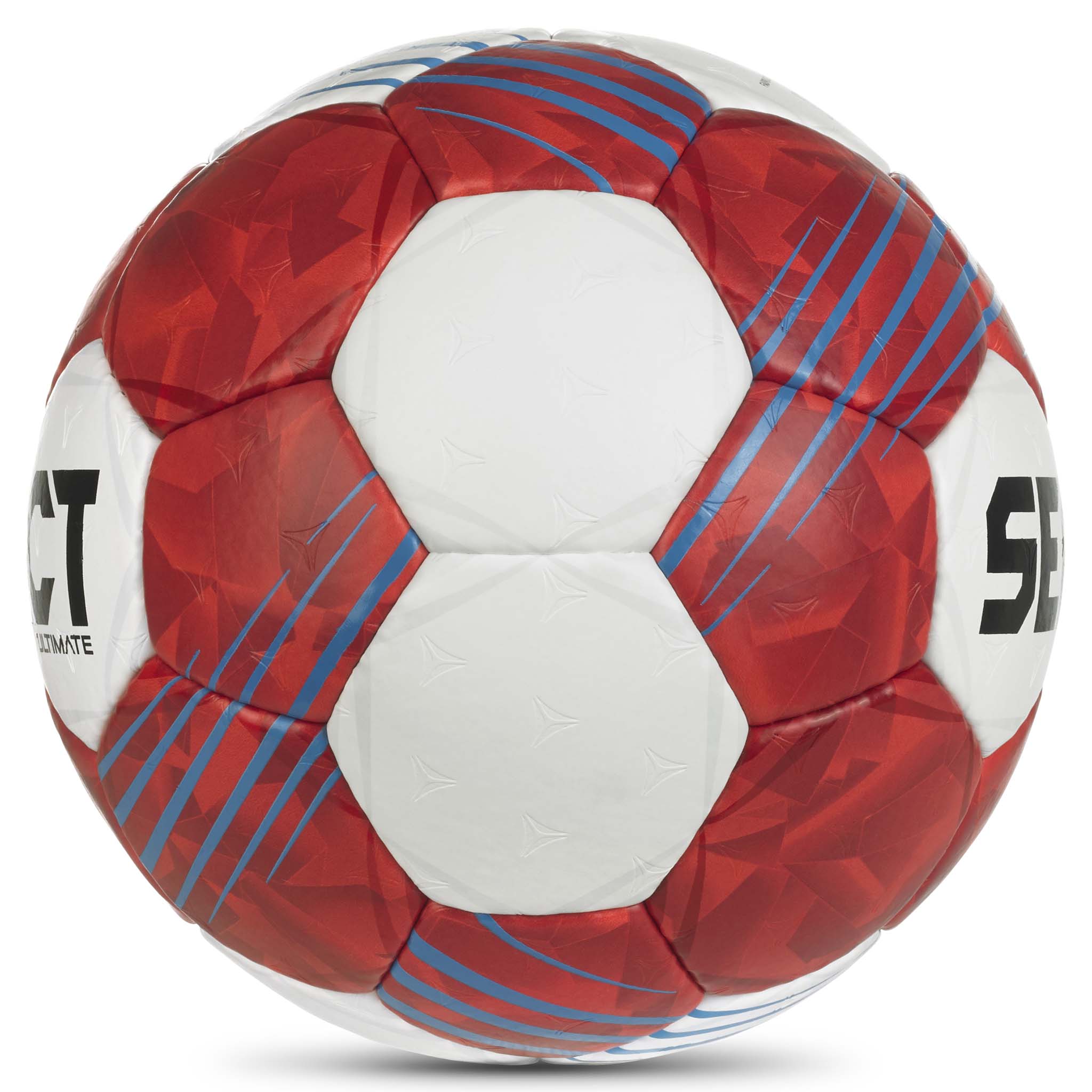 Högersidovy av Ultimate v26 handboll i rött, vitt och blått.