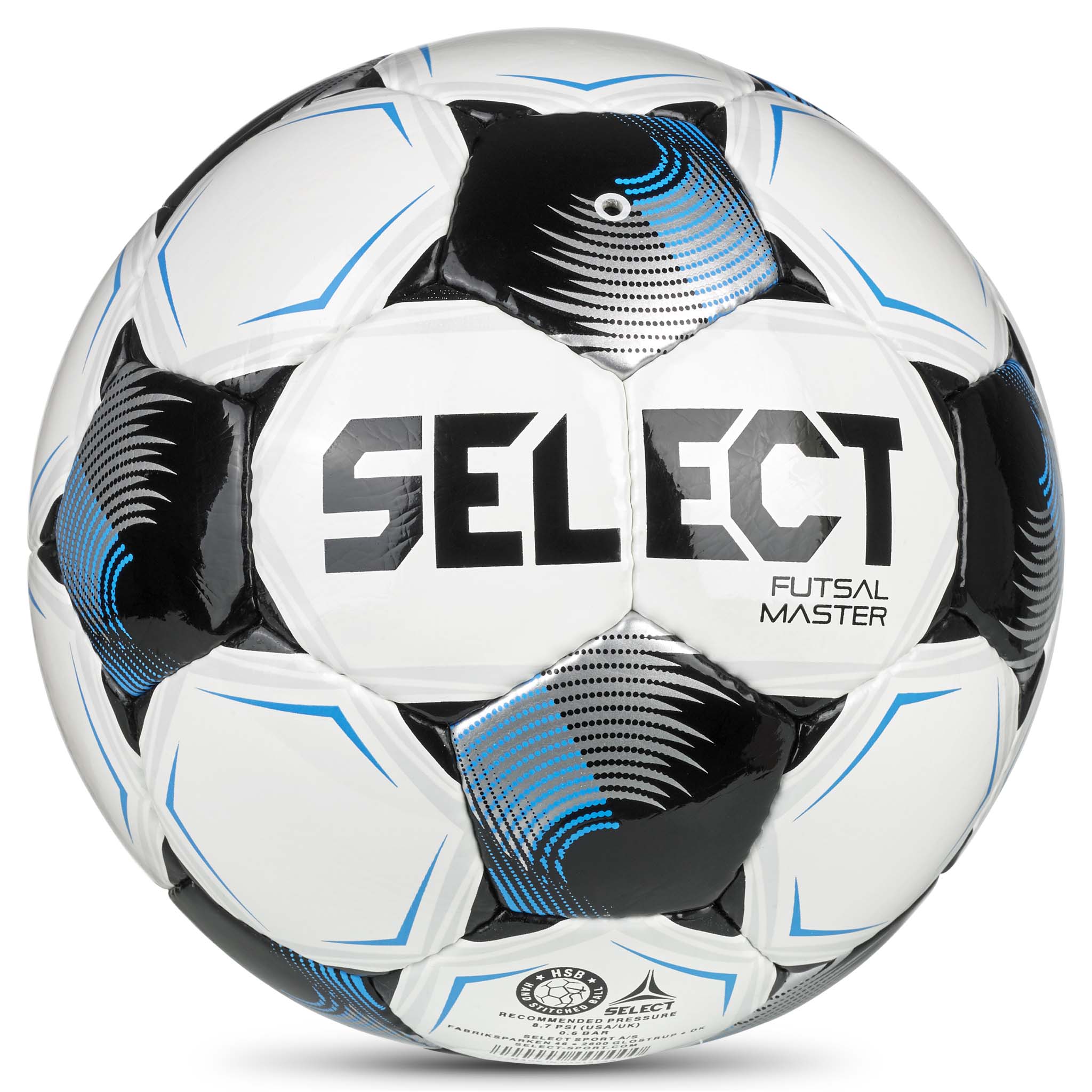 Vit, blå och svart Futsal Master v26 futsalboll, sedd bakifrån.