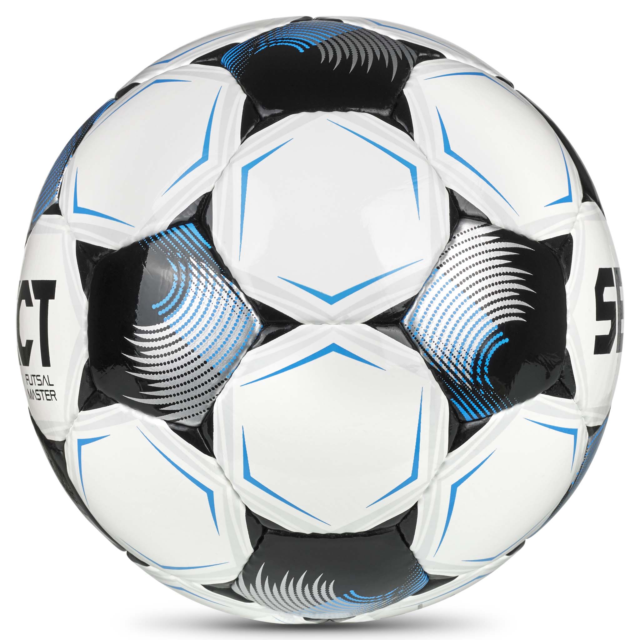 Futsal Master v26 futsalboll i vitt, blått och svart, sedd från höger sida.