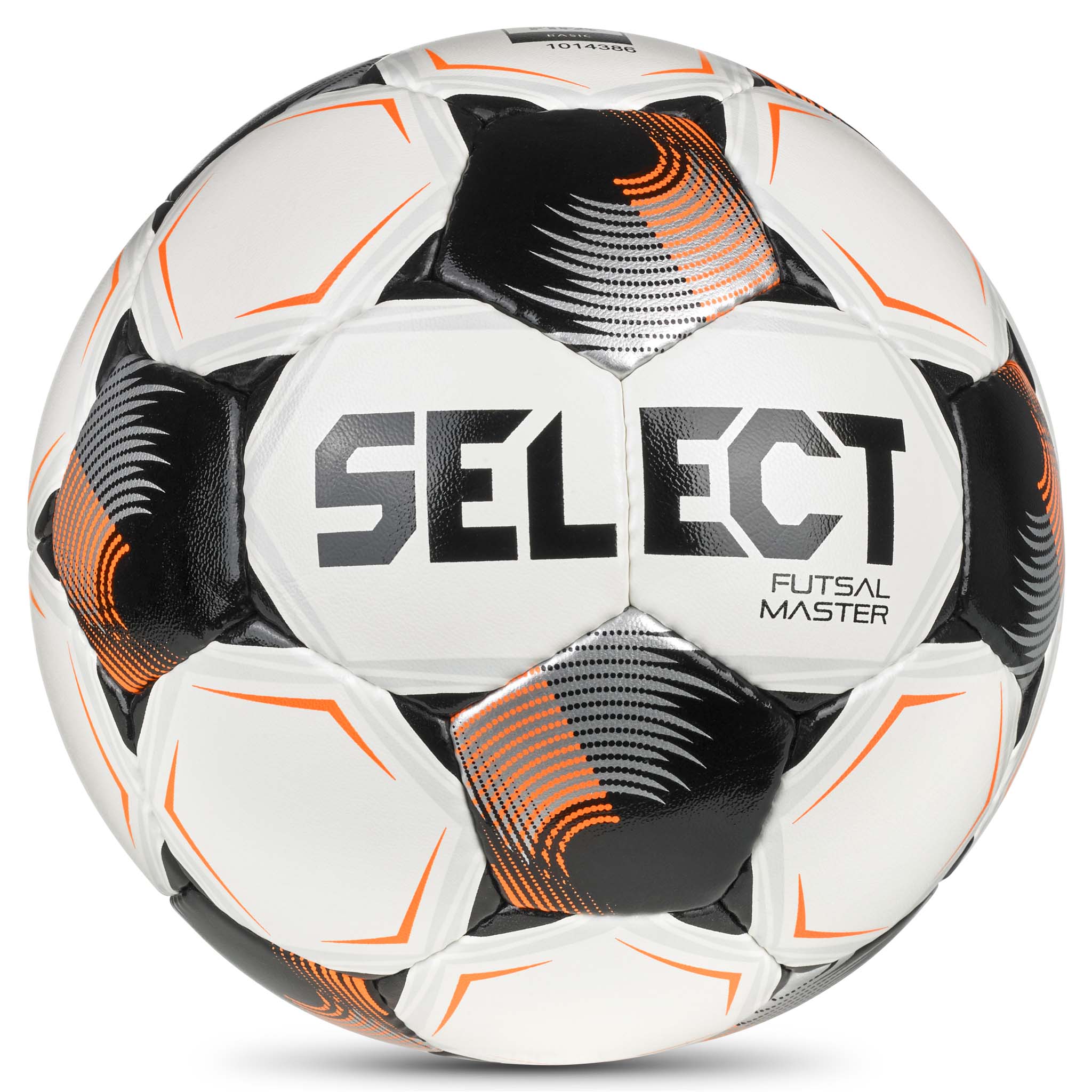 Framsida av Futsal Master v26 futsalboll i vitt, svart och orange.