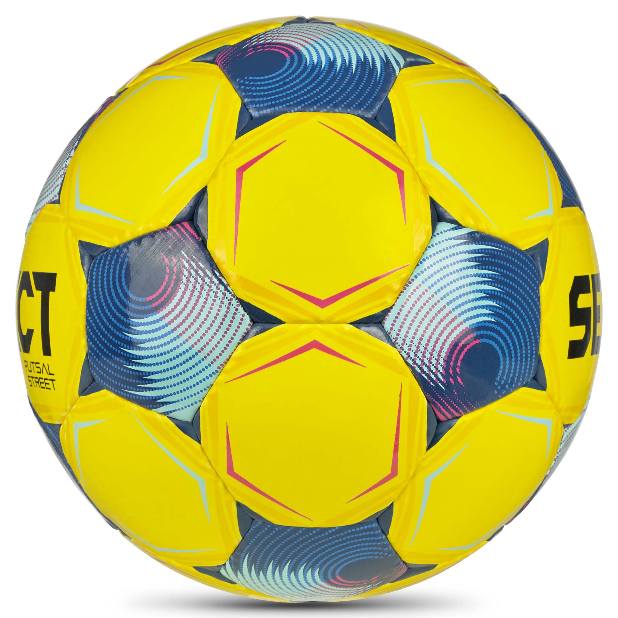 Futsal Street v26 fotboll, sedd från höger sida. Gul boll med blå och rosa detaljer.