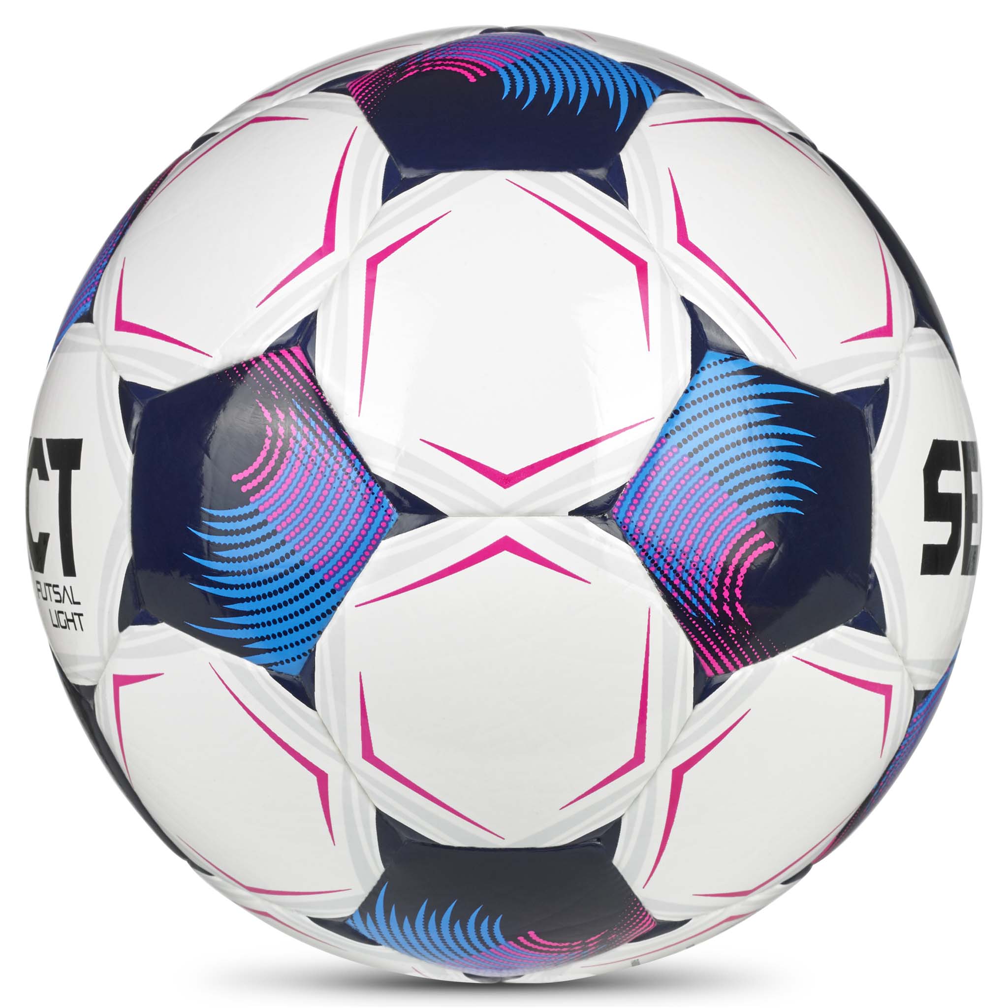 Futsal Light v26 futsalboll, sedd från höger sida, i vitt med blå, marinblå och rosa detaljer.