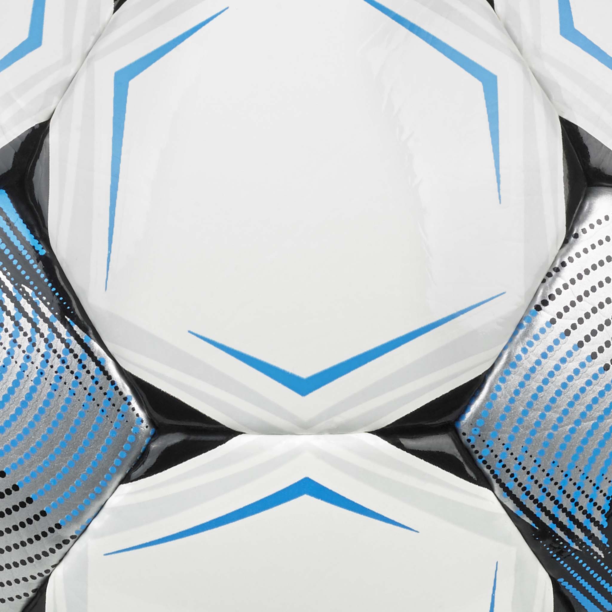 Närbild av Futsal Master v26-boll med vita paneler och blå och svarta detaljer.