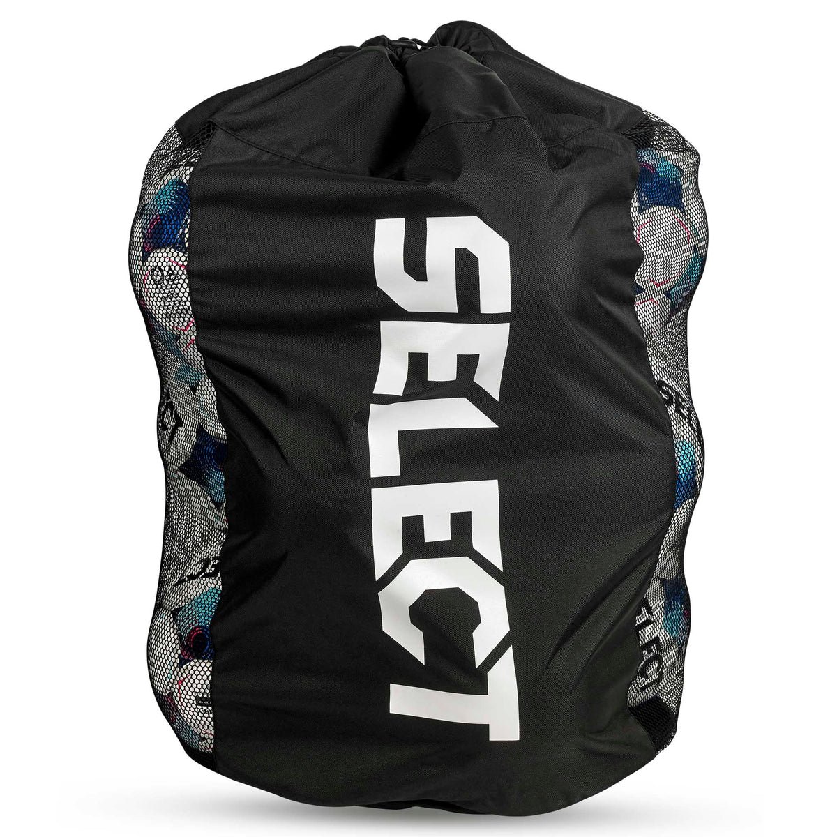 Forside af sort Football bag Select 10-12 balls v26, sportstaske med hvidt logo og mesh-sider