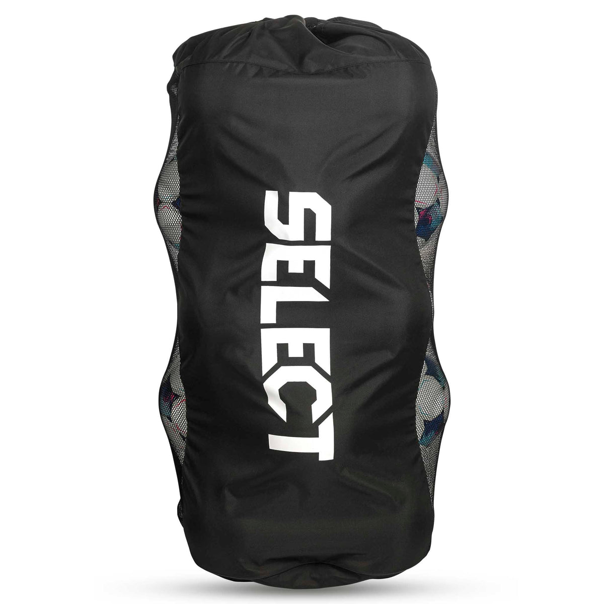 Forside af sort Football bag Select 18-20 balls v26 med hvidt logo og mesh-sider med bolde — Sportstasker.