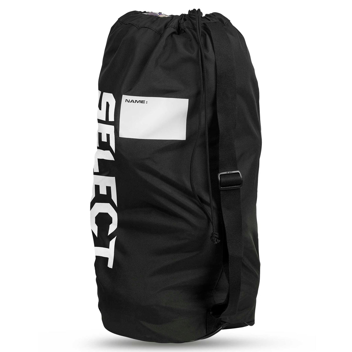 Bagside af sort Handball bag Select 10-12 balls v26, sportstaske med hvidt logo og navneskilt.