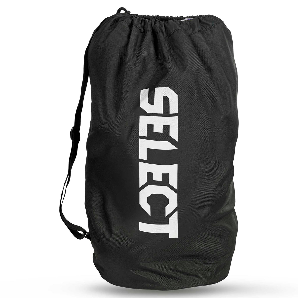 Forside af sort Handball bag Select 10-12 balls v26, sportstaske med hvidt logo og snøreluk.