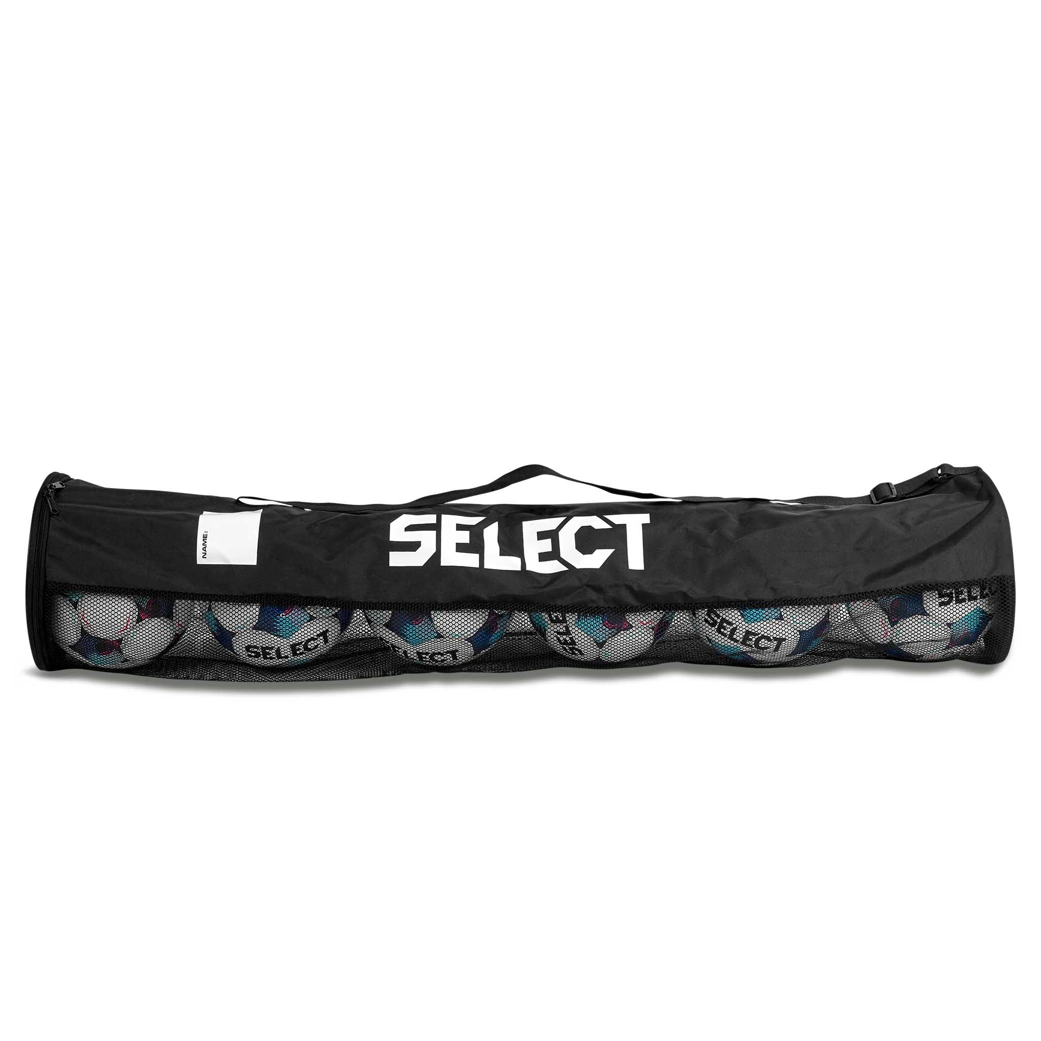 Sort Ball tube for 6 balls v26, boldudstyr, forside med hvide fodbolde synlige i nettet.