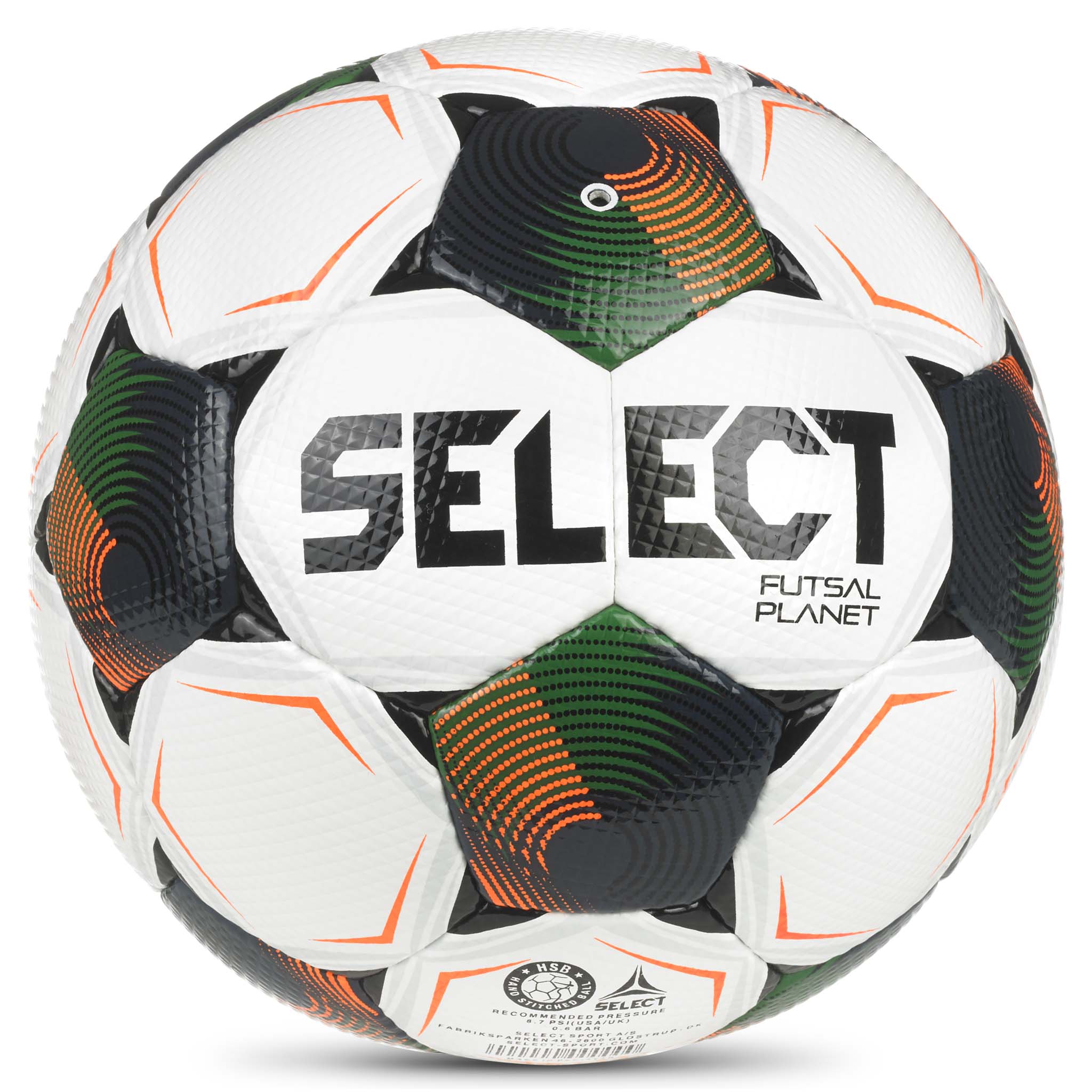 Futsal Planet v26 fotboll, baksidesvy. Vit boll med gröna, svarta och orange paneler.