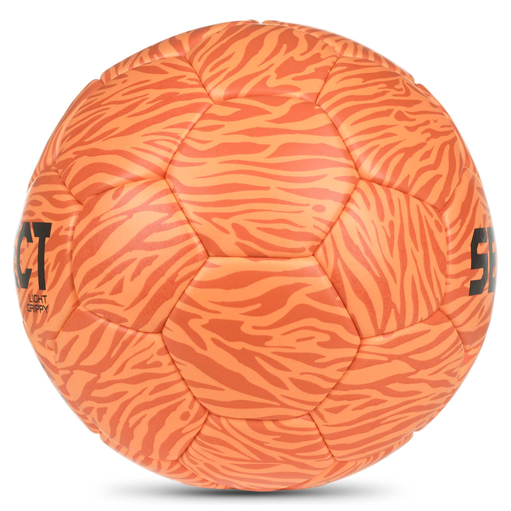 Närbild av orange Light Grippy v26 handboll med zebramönster och texturerad greppyta.