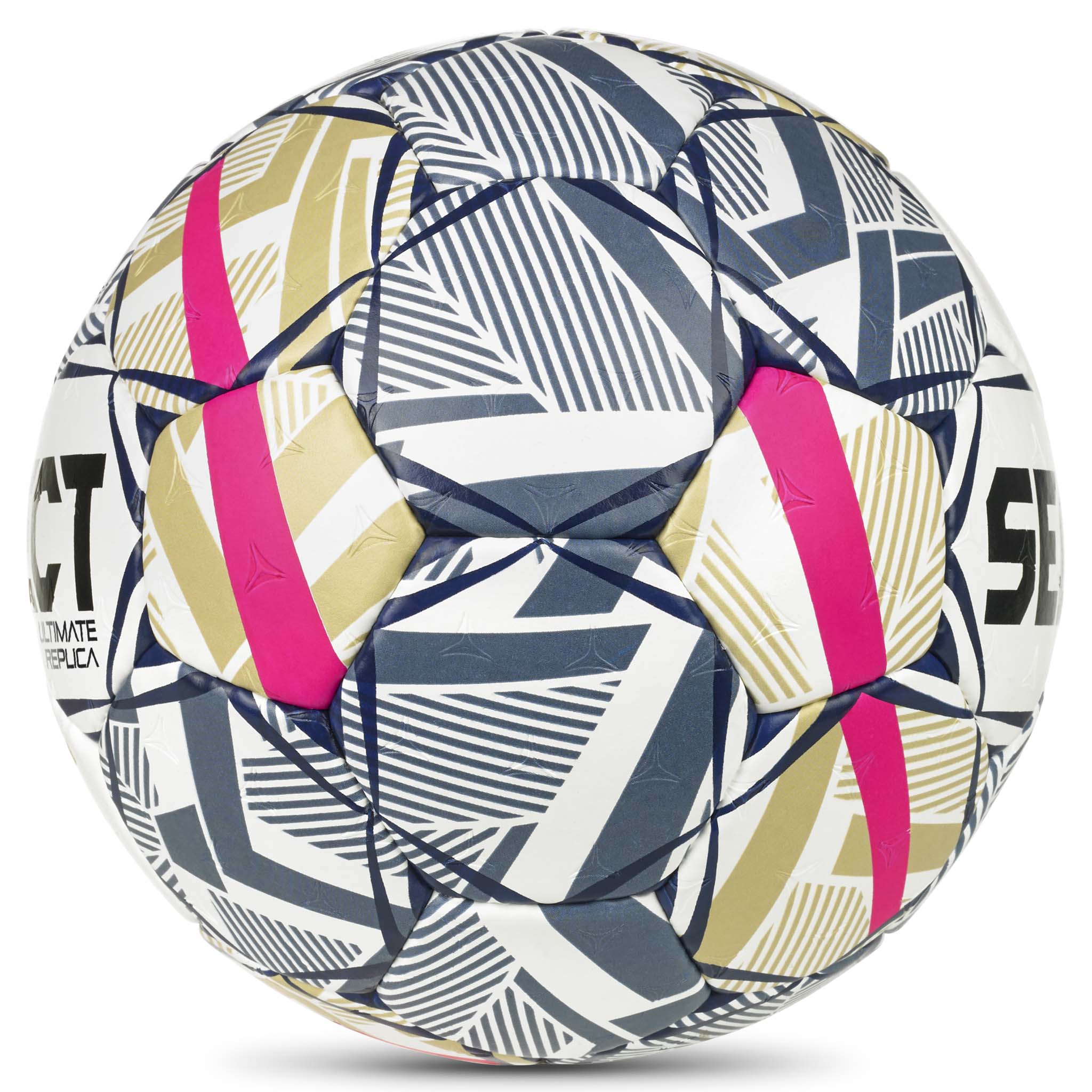 Replica EHF Champions League v26 handboll, vit, blå, guld och rosa, sedd från sidan