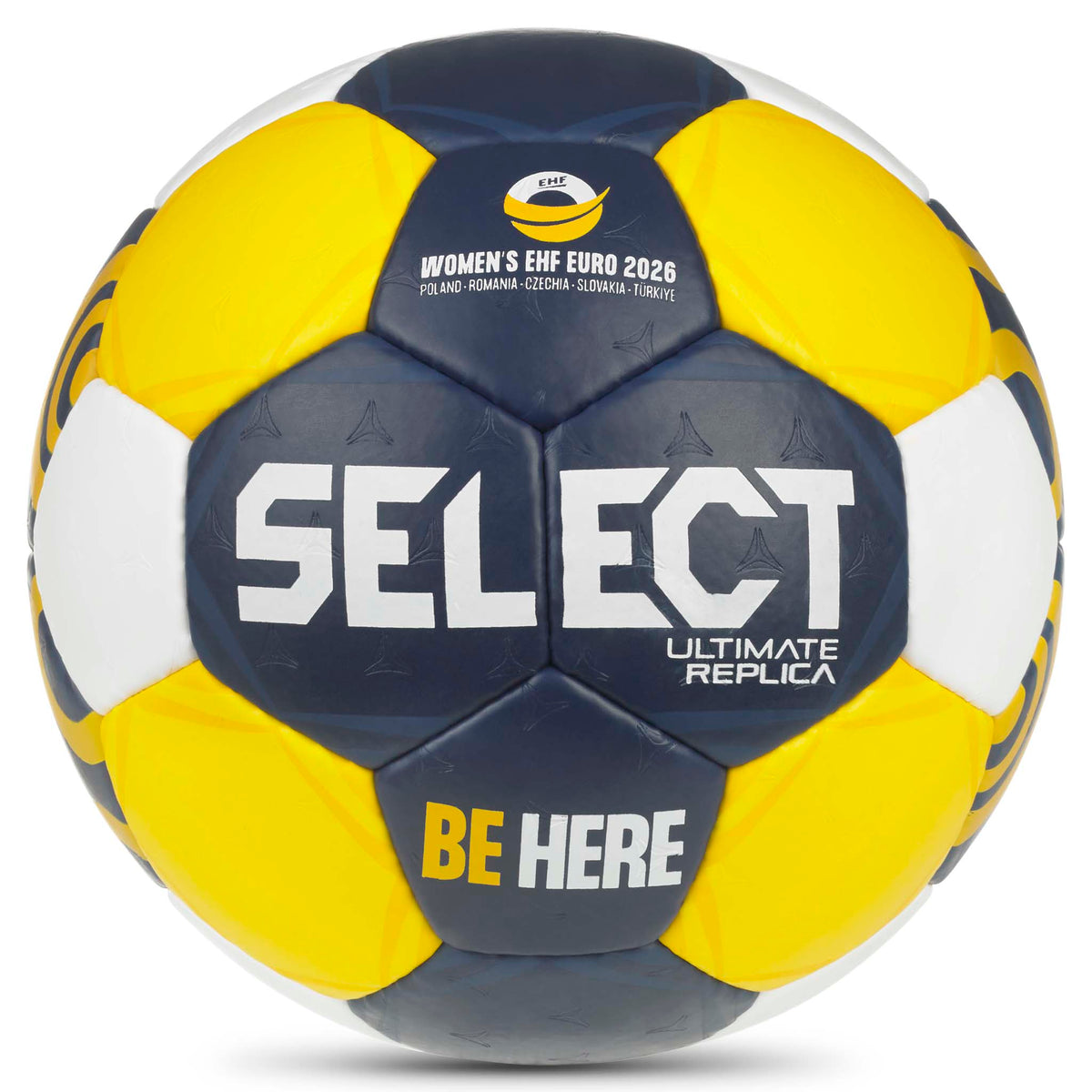 Replica EHF Euro Women v26 handboll, framsida, i marinblått, gult och vitt.