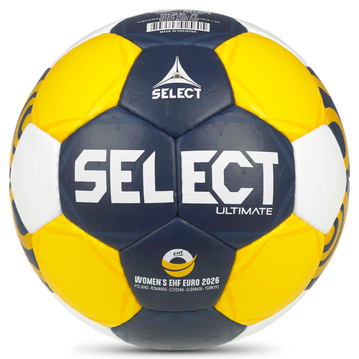 Ultimate EHF Euro Women v26 handboll, baksida, i gult, marinblått och vitt.