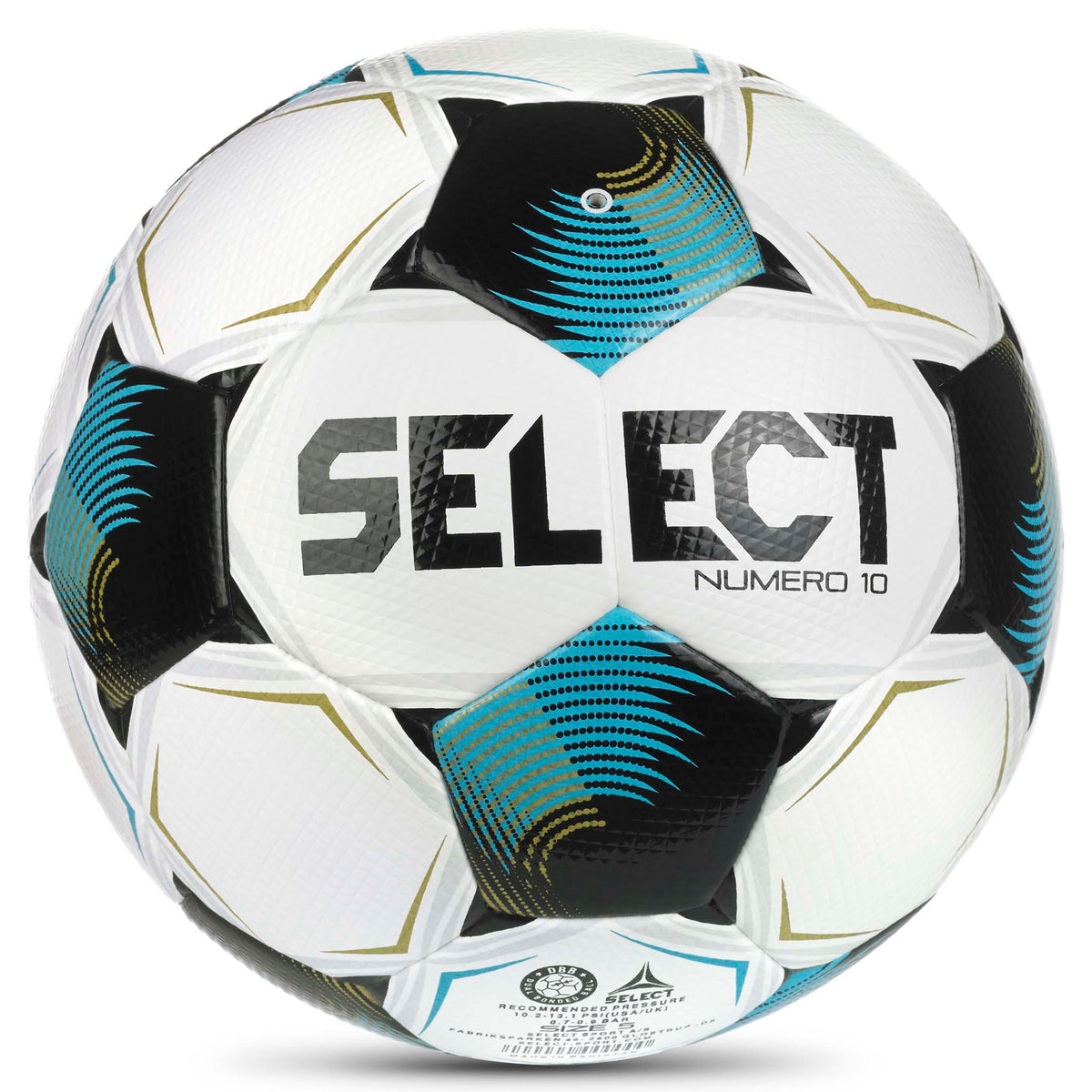 Numero 10 v26 fotboll, baksida, vit med blå, svarta och guldfärgade detaljer.