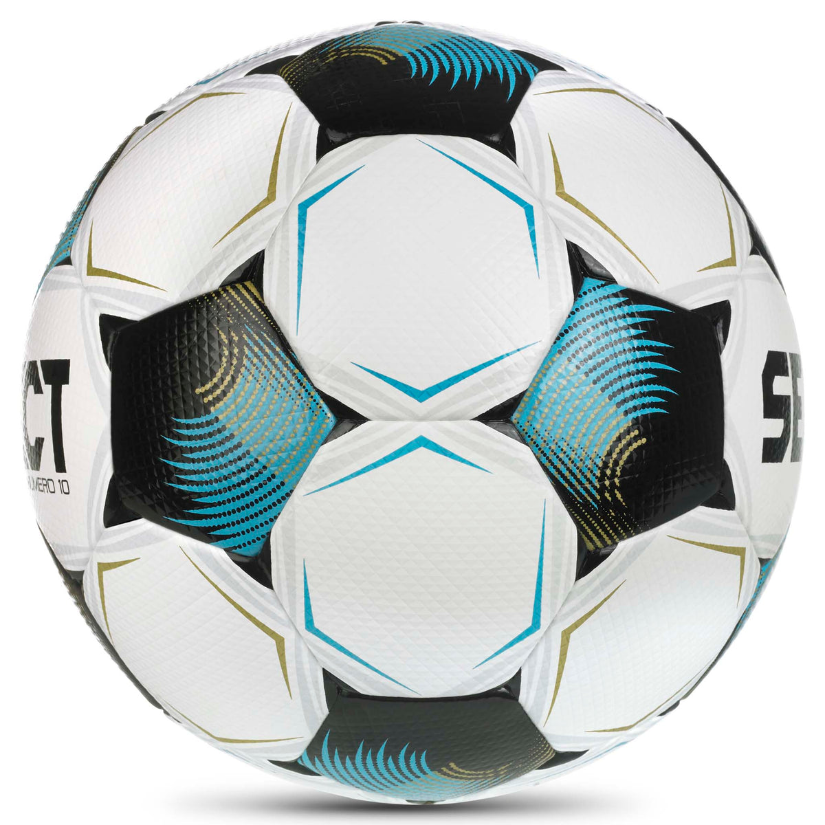 Numero 10 v26 fotboll, höger sida. Vit boll med svarta, blå och guldfärgade paneldetaljer.