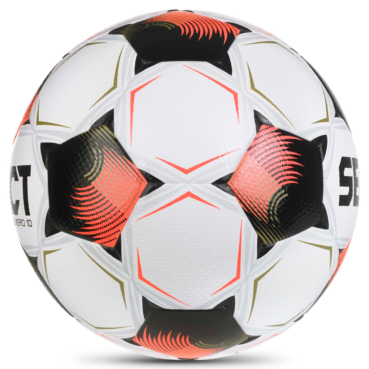 Numero 10 v26 fotboll i vitt med svarta, röda och orange detaljer, sedd från höger sida
