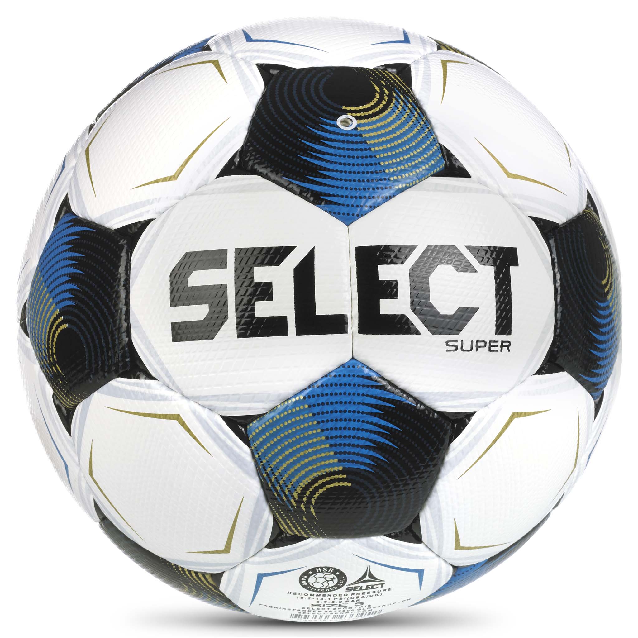 Super v26 fodbold, bagside, hvid med blå, sort og guld detaljer