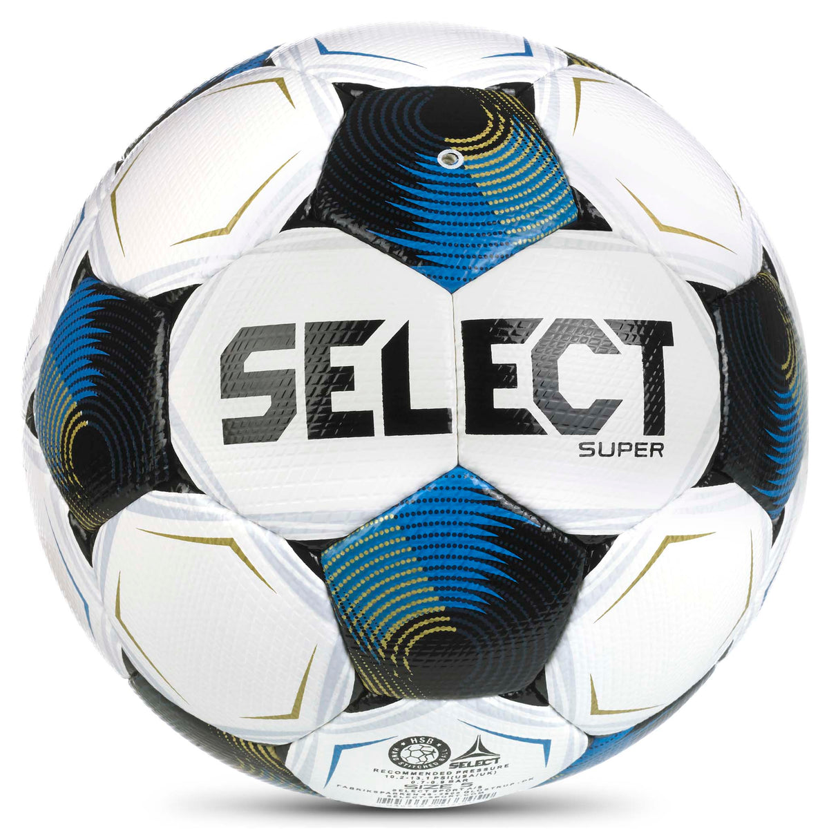 Super v26 fotboll, baksida, vit med blå, svart och guld detaljer