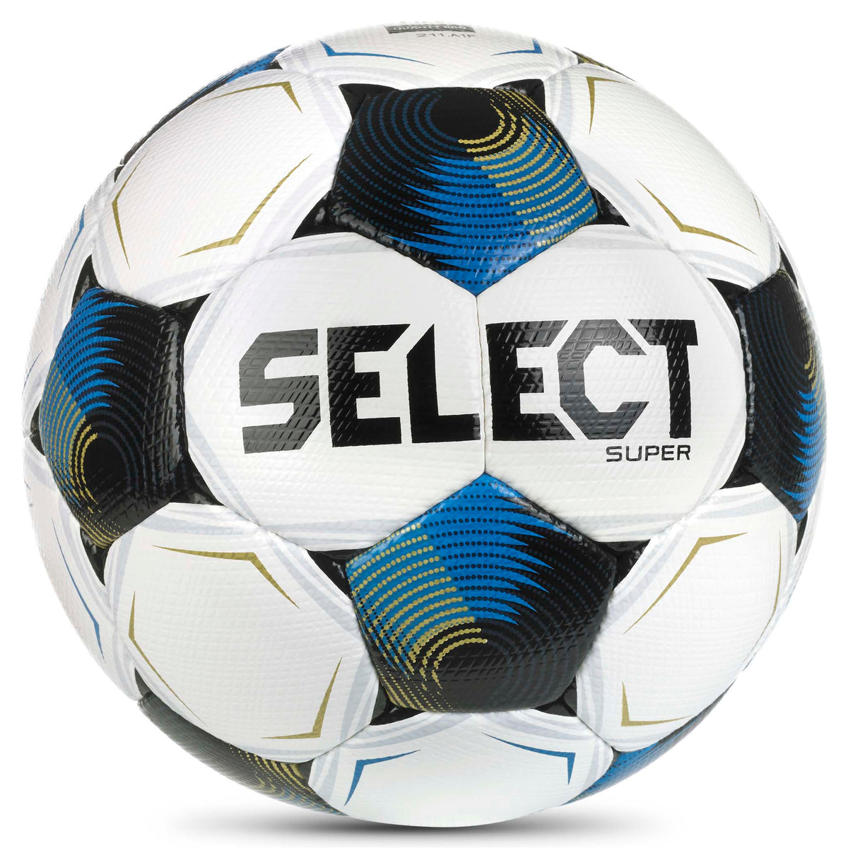 Super v26 fotboll sedd framifrån, vit med blå, svarta och gyllene detaljer