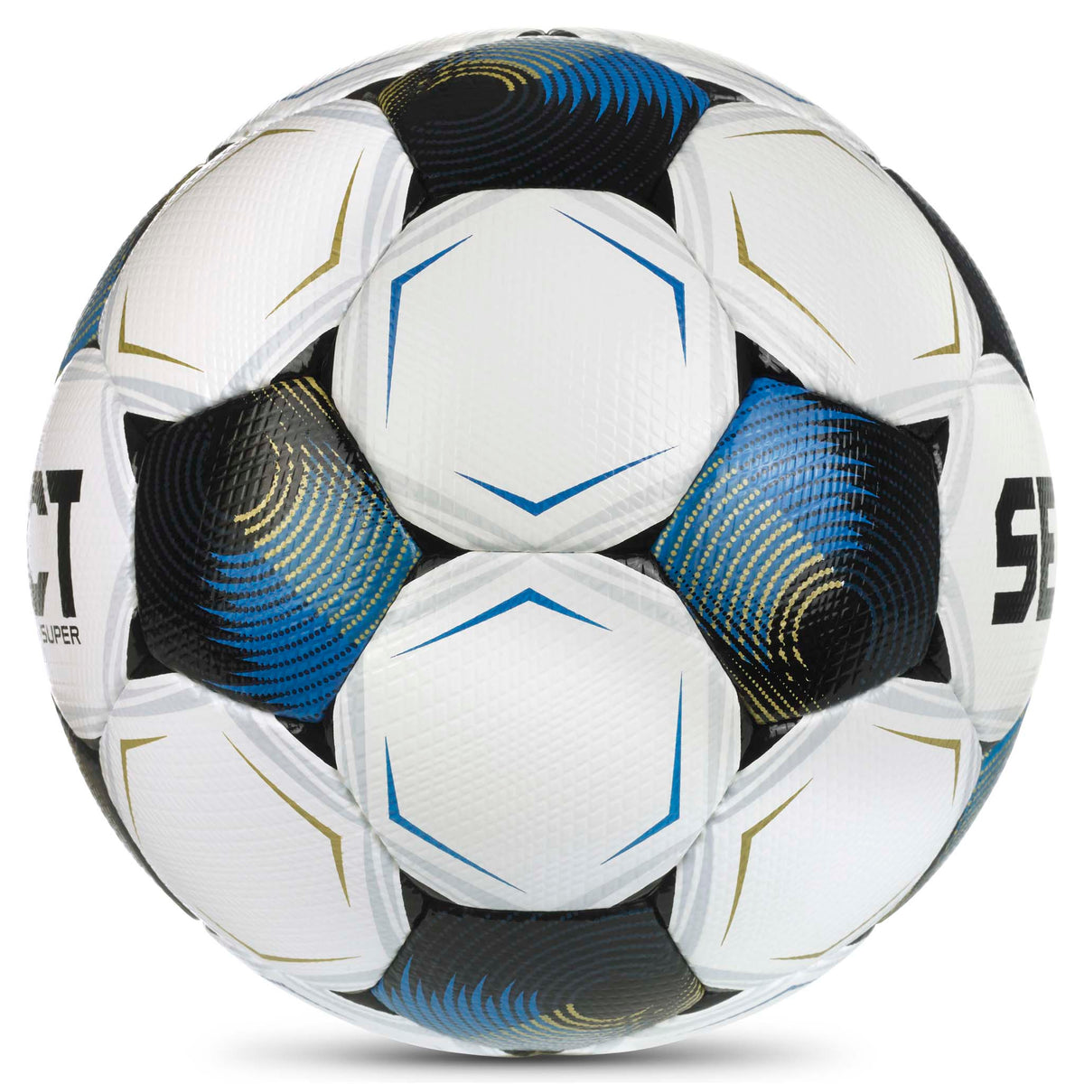Super v26 fotboll, sedd från höger sida. Vit med svart, blå och guld paneldesign.