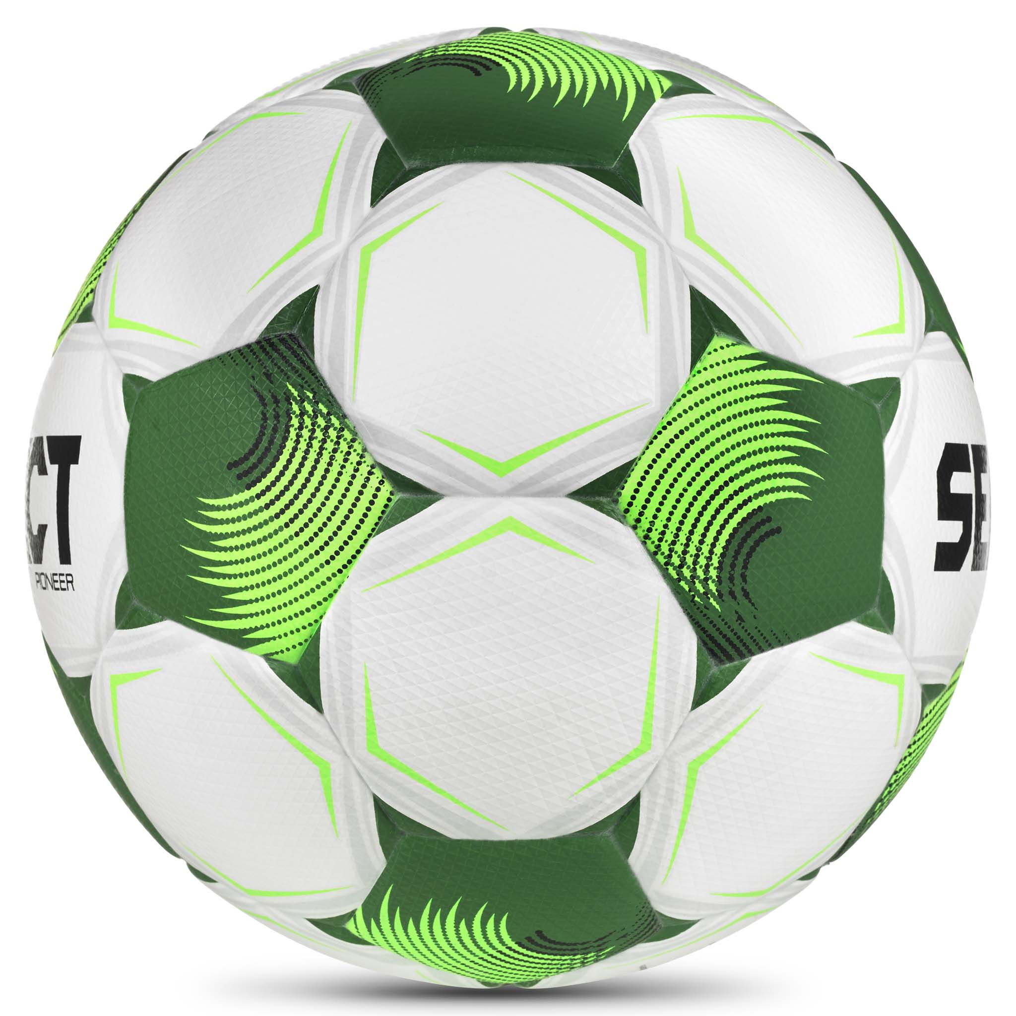 Hvid og grøn Pioneer v26 fodbold, set fra højre side