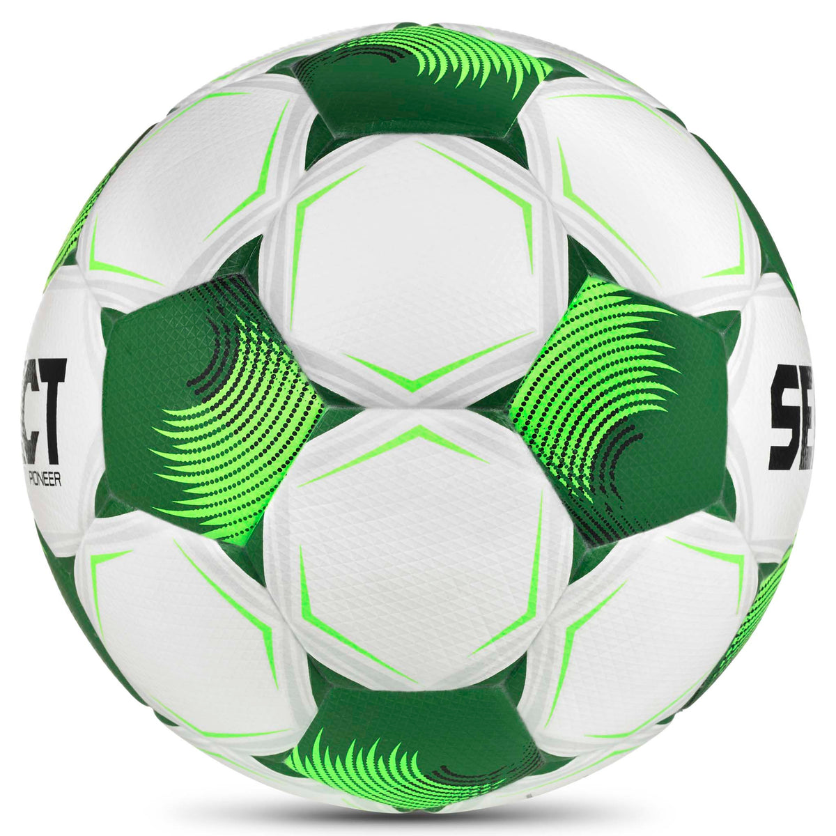 Vit och grön Pioneer v26 fotboll, sedd från höger sida