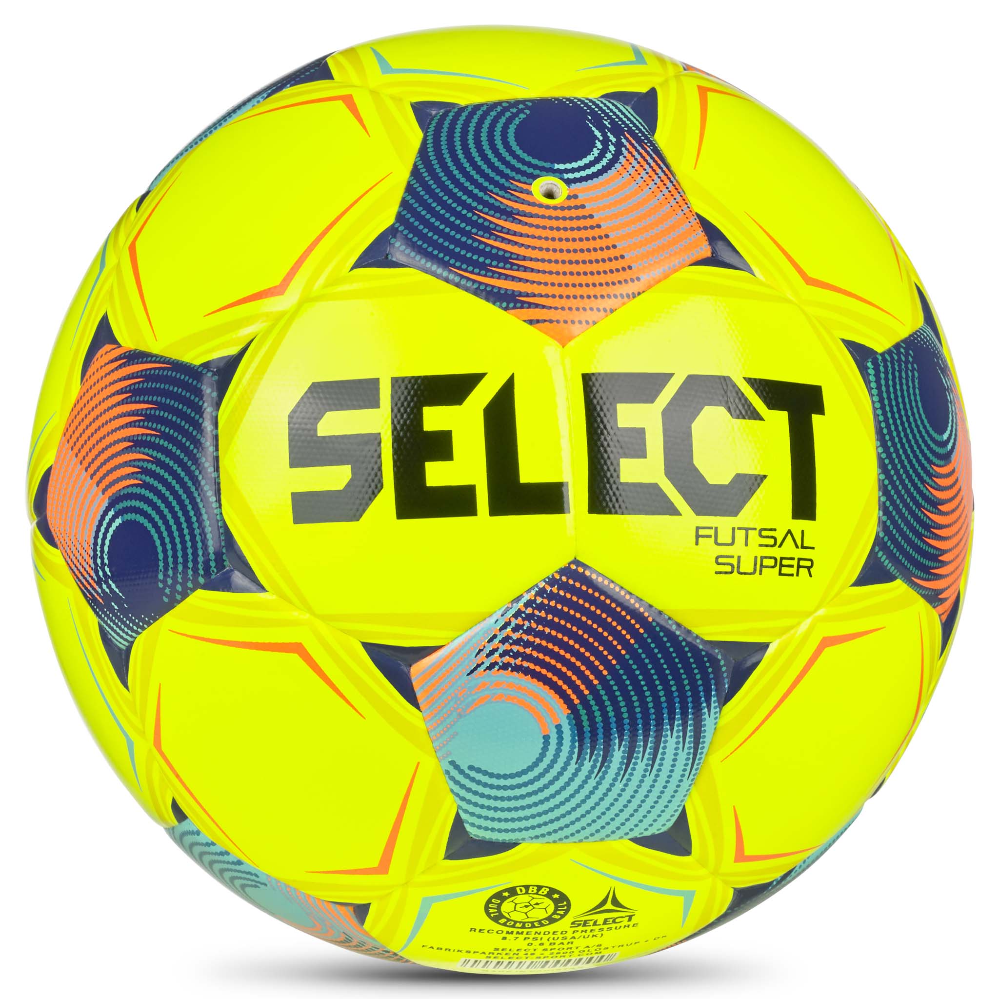 Futsal Super v26 fotboll i gult med blå, orange och turkosa detaljer, baksidan.