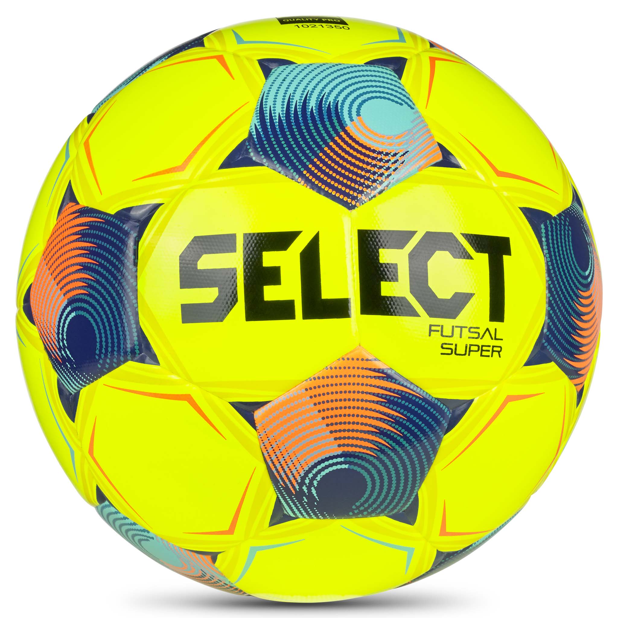 Futsal Super v26 fotboll, sedd framifrån. Gul boll med blå, turkos och orange detaljer.
