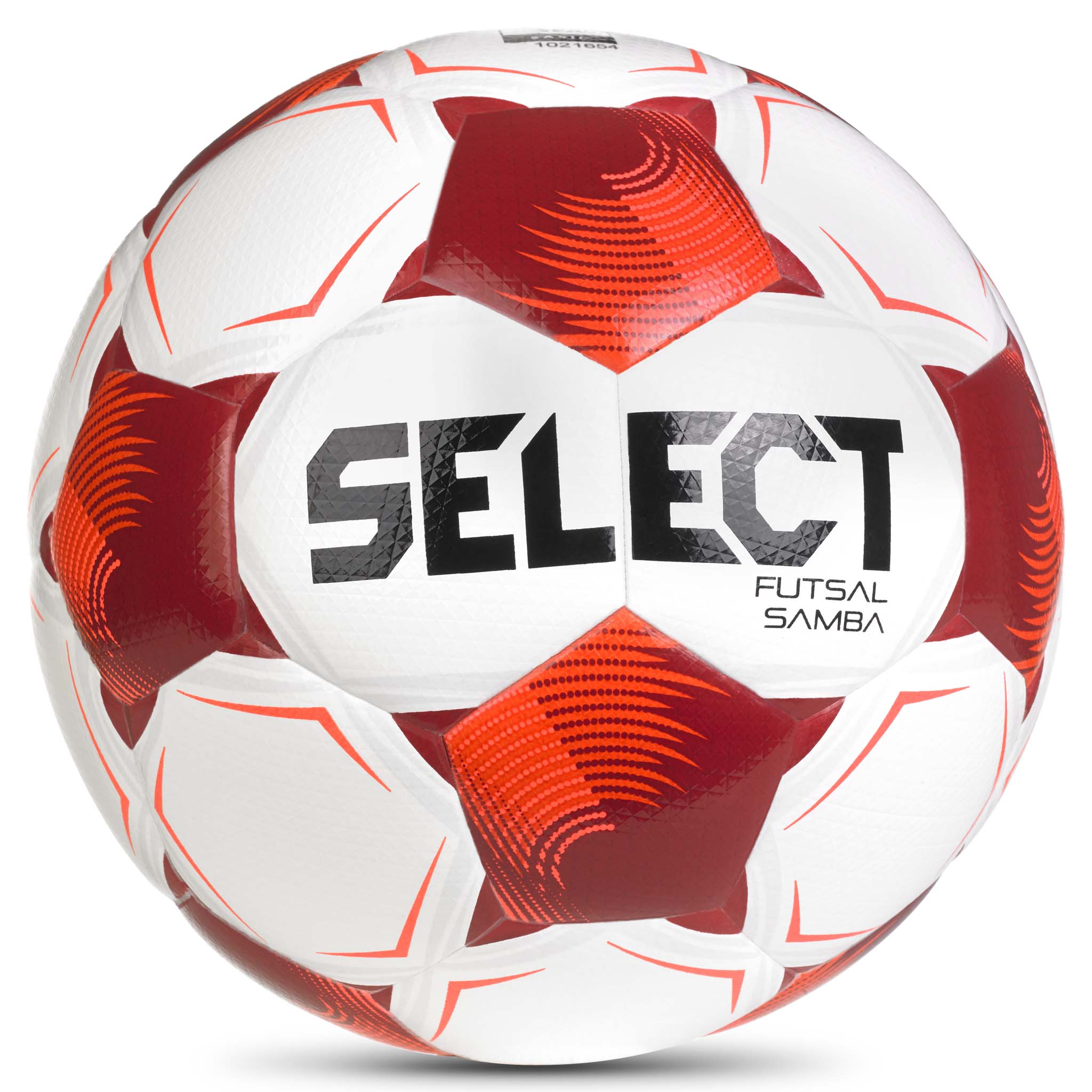 Framsida av vit och röd Futsal Samba v26 futsalboll med svart Select-logga.