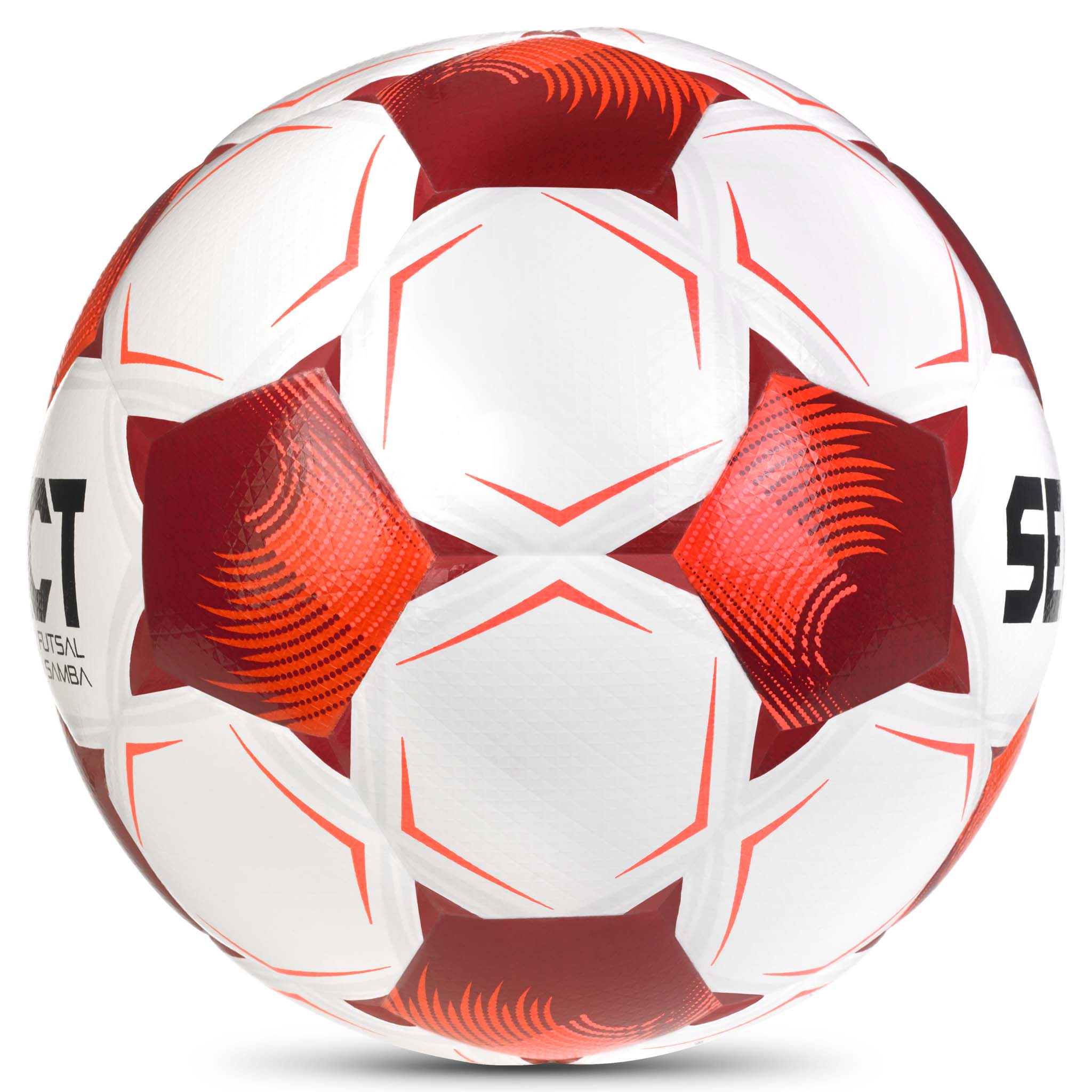Vit och röd Futsal Samba v26 futsalboll, sedd från höger sida.