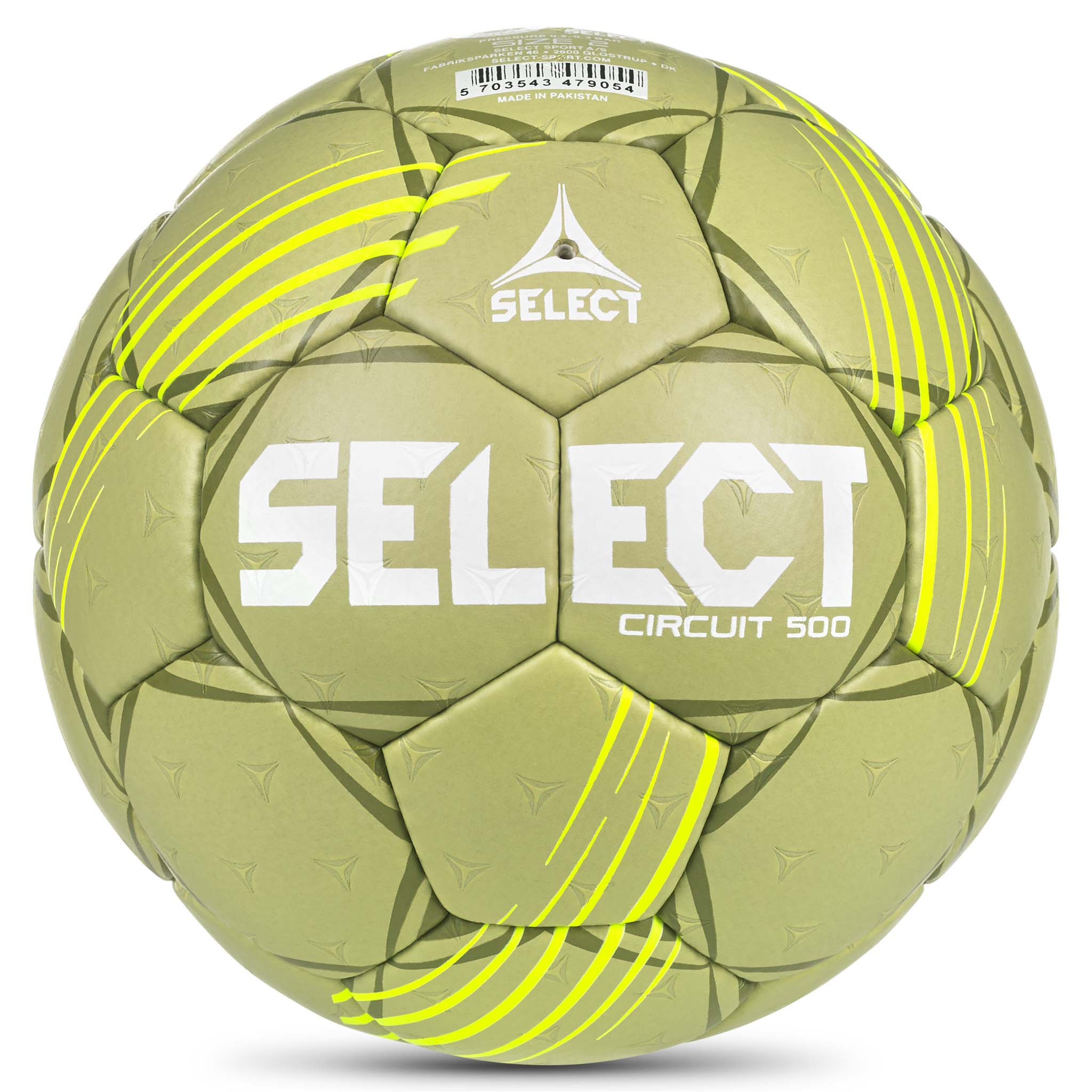 Framsida av HB Circuit 450 v26 handboll i grönt med gula detaljer och vit Select-logga.