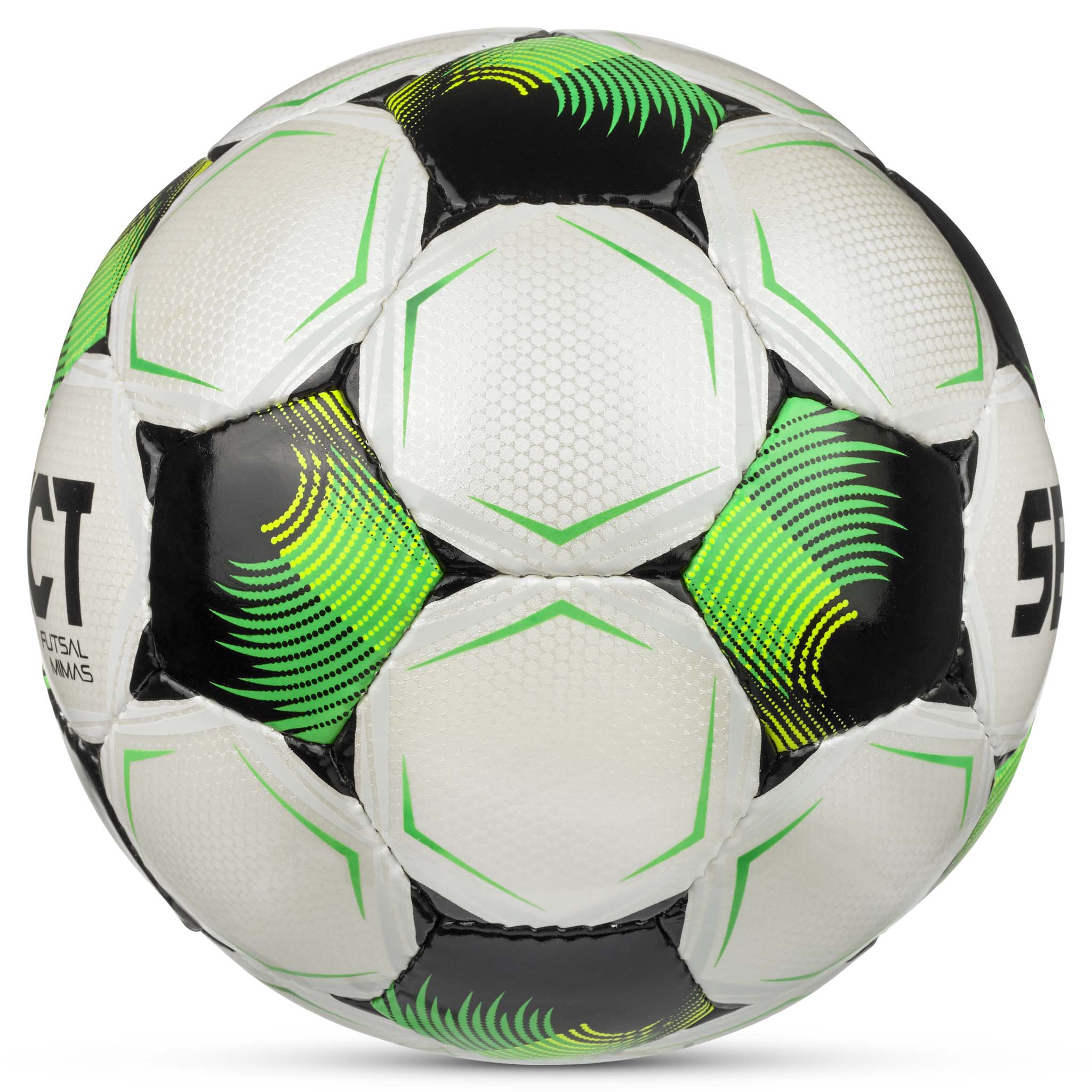 Futsal Mimas v26 futsalboll, sedd från höger sida, vit med gröna, svarta och gula detaljer.