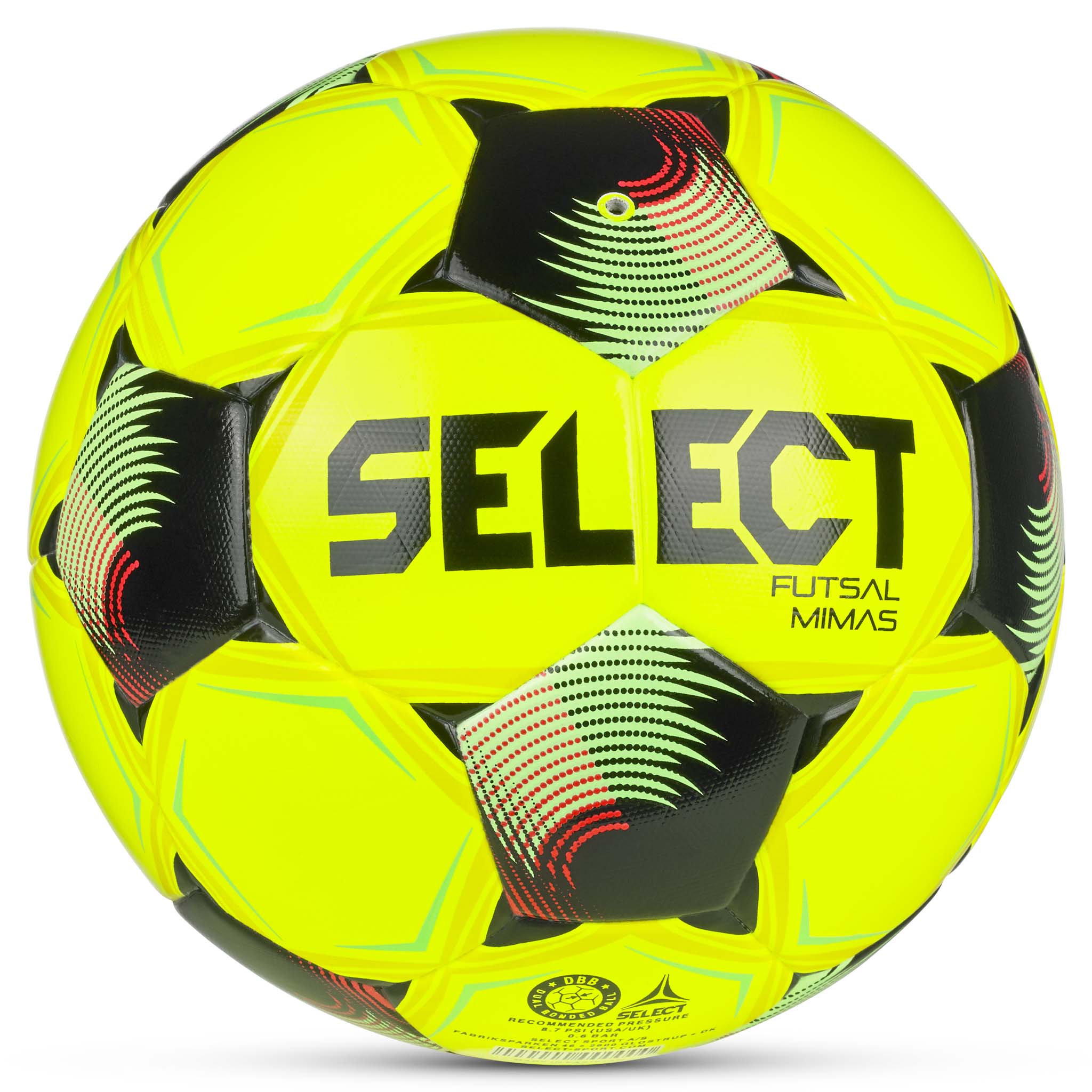 Futsal Mimas v26 boll, baksida. Gulgrön med svarta, röda och turkosa detaljer.