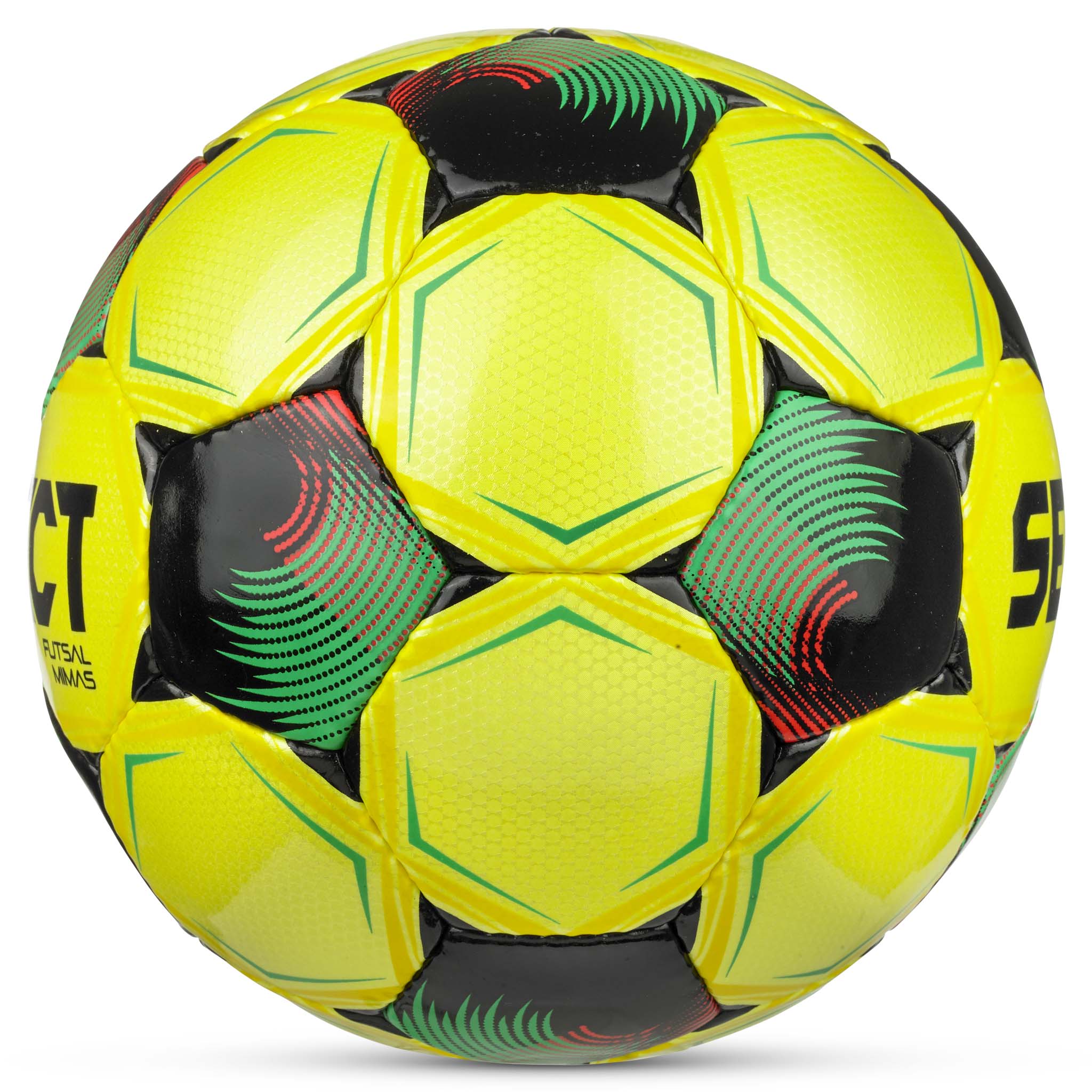 Futsal Mimas v26 fotboll, sedd från höger sida, i gult med gröna, svarta och röda detaljer