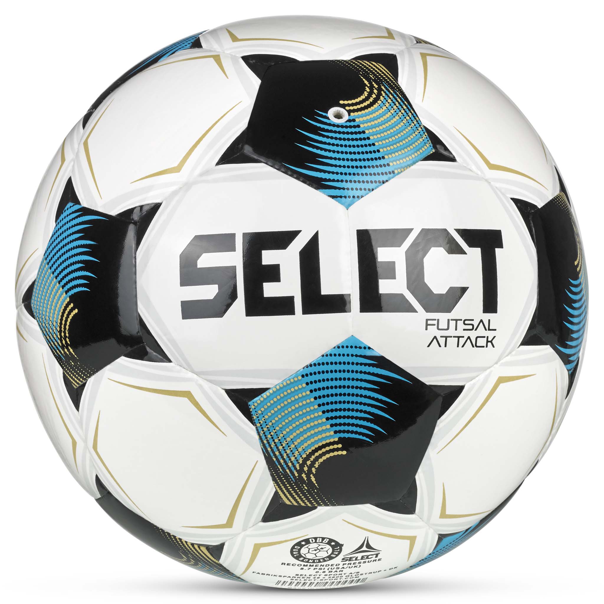 Futsal Attack v26 fotboll, baksida. Vit boll med blå, svarta och guldfärgade detaljer.