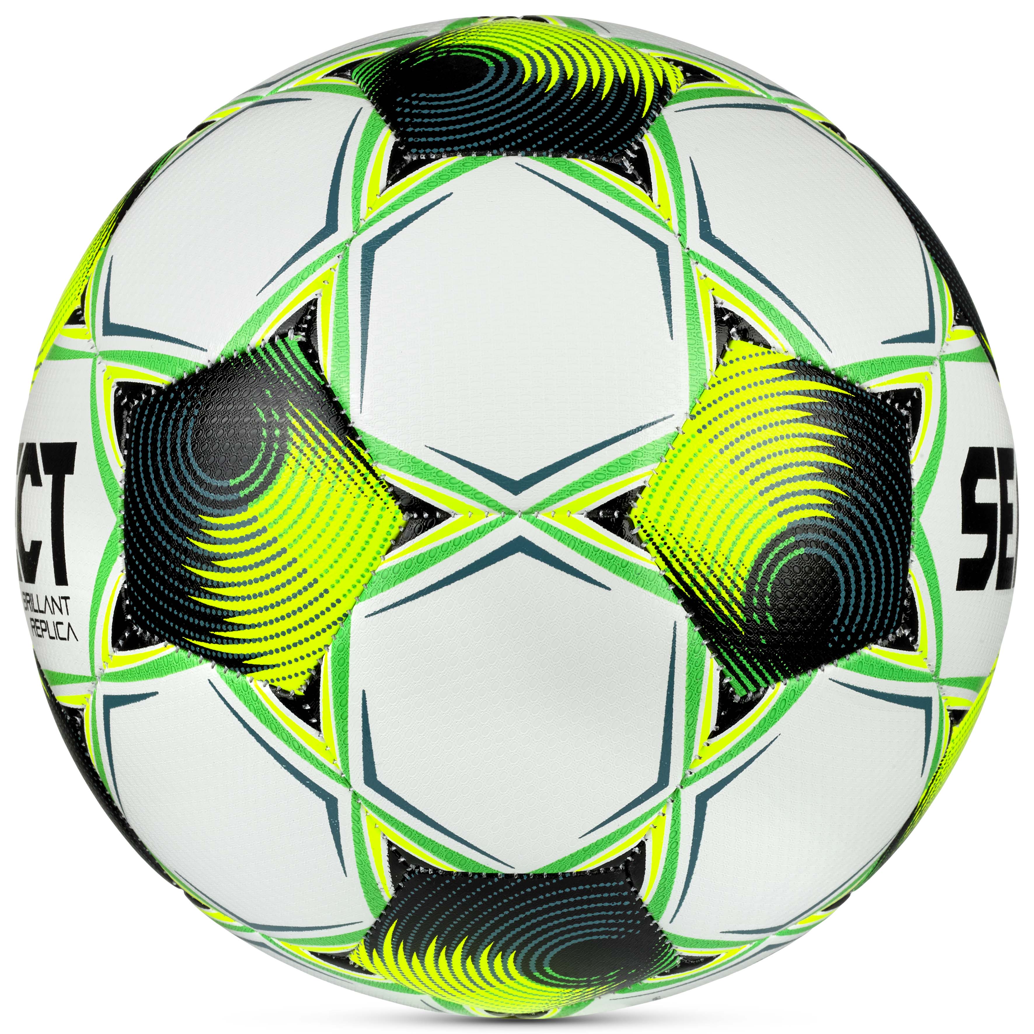 Brillant Replica 3F Superliga v26 fotboll i vitt, grönt, gult och svart, sedd från höger sida