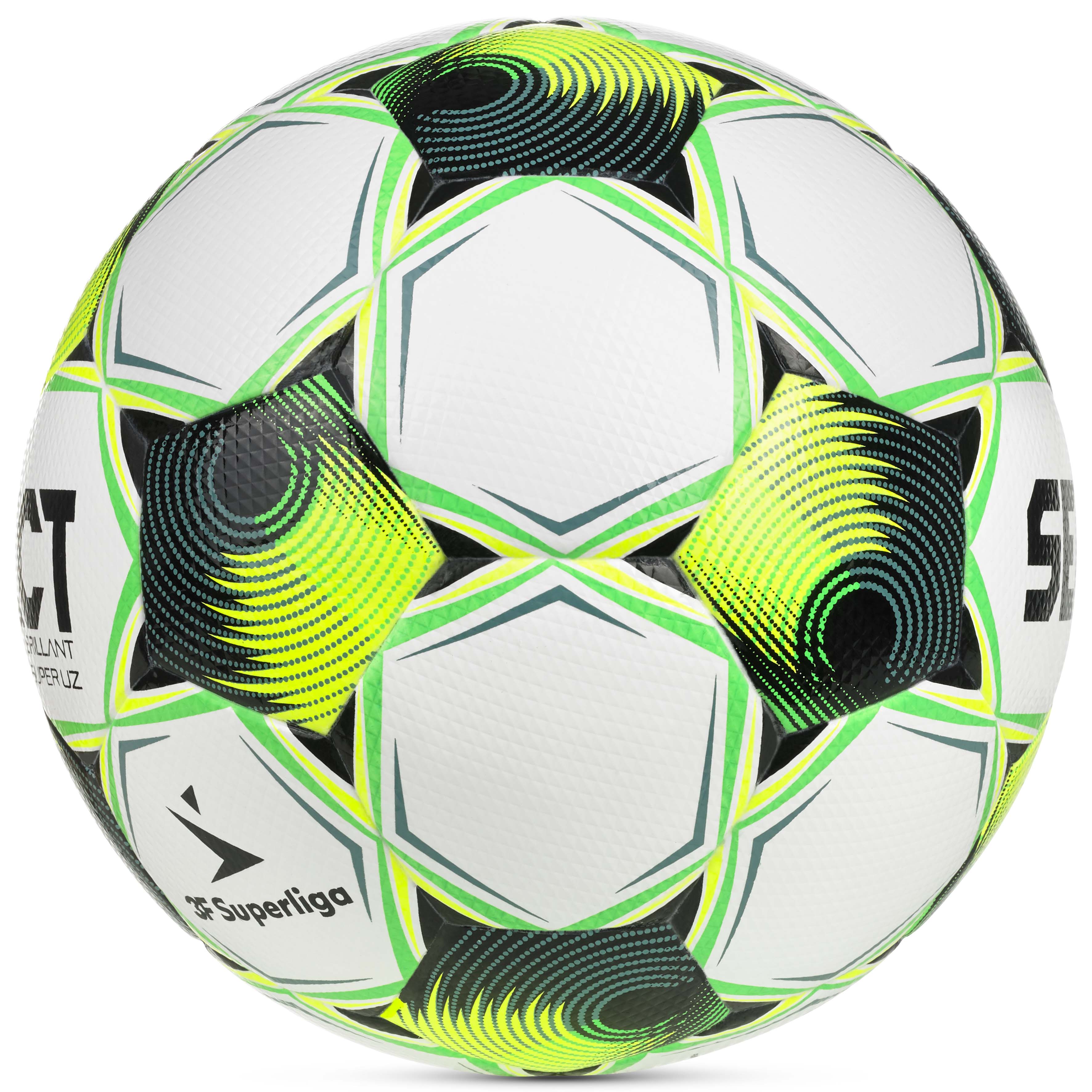 Brillant Super UZ 3F Superliga v26 fotboll i vitt med grön, gul och svart design, sedd från höger sida