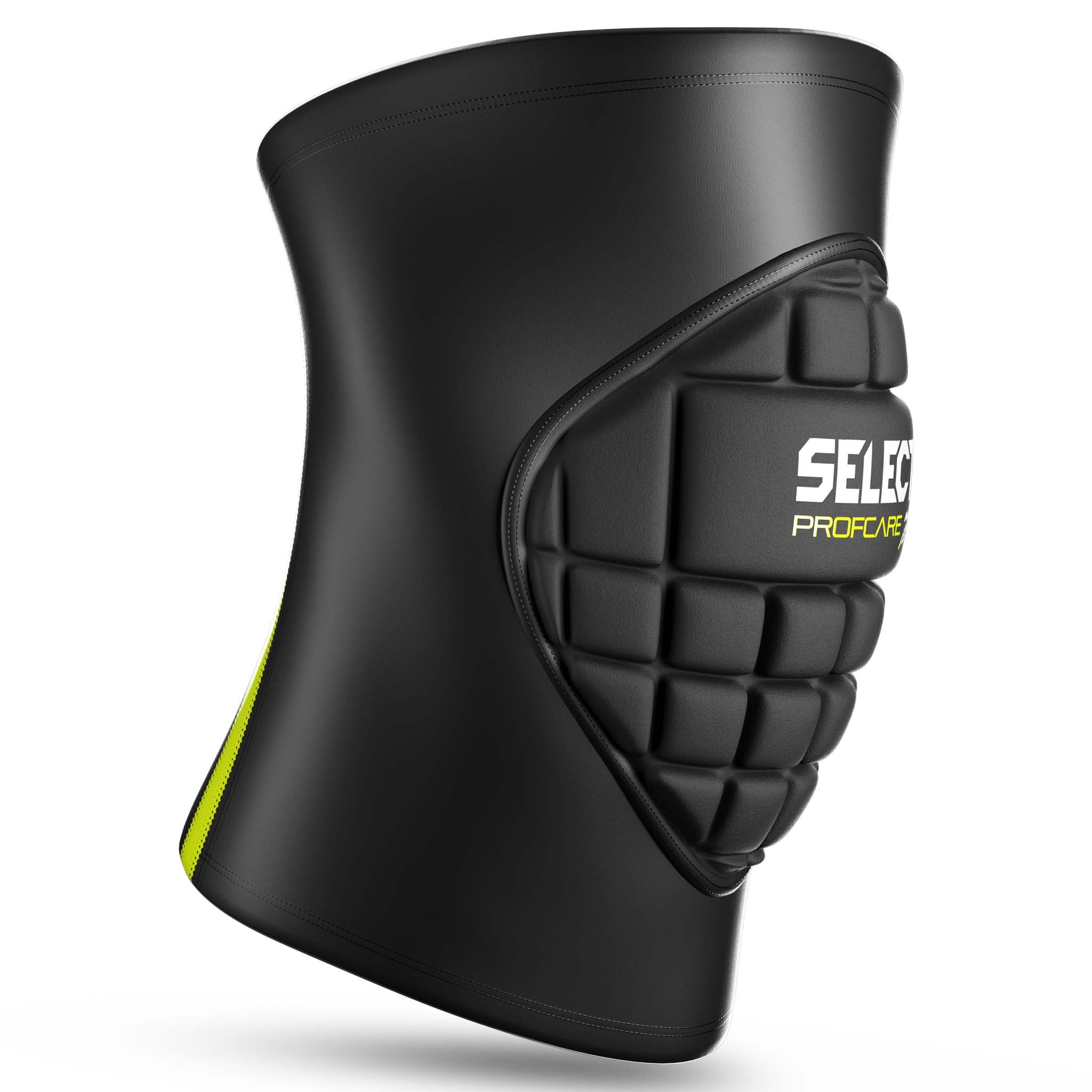 Framsida av svart Compression knee handball 6250 sportstöd med vadderat skydd och gröna detaljer.