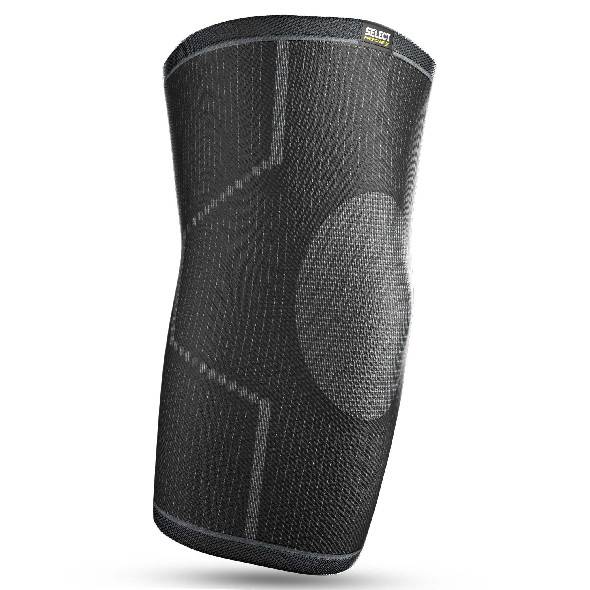 Framsida av svart Elbow support, sportstöd, med grå texturerad detalj.