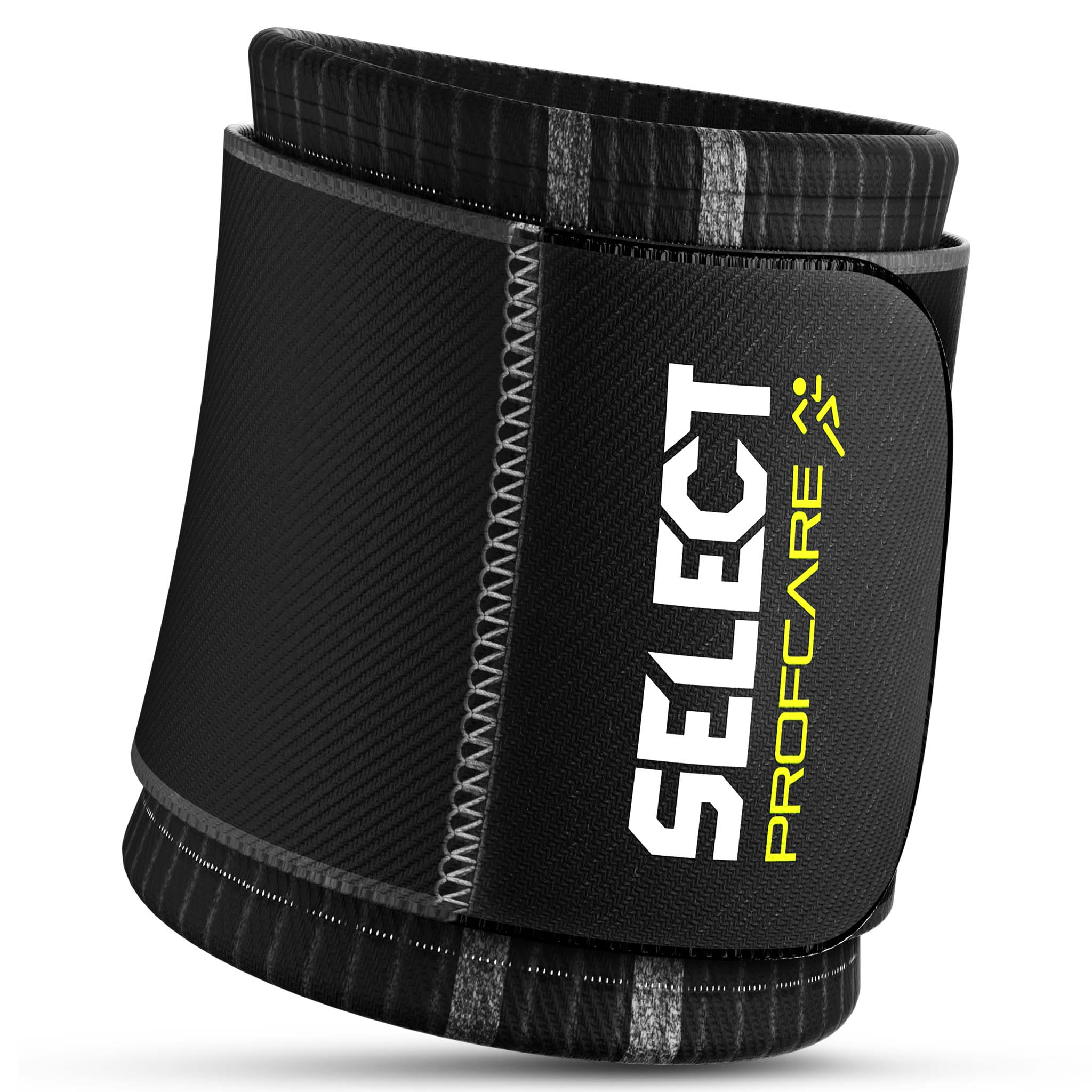 Framsida av svart Wrist support sportstöd med grå kant och vit Select Profcare-logga
