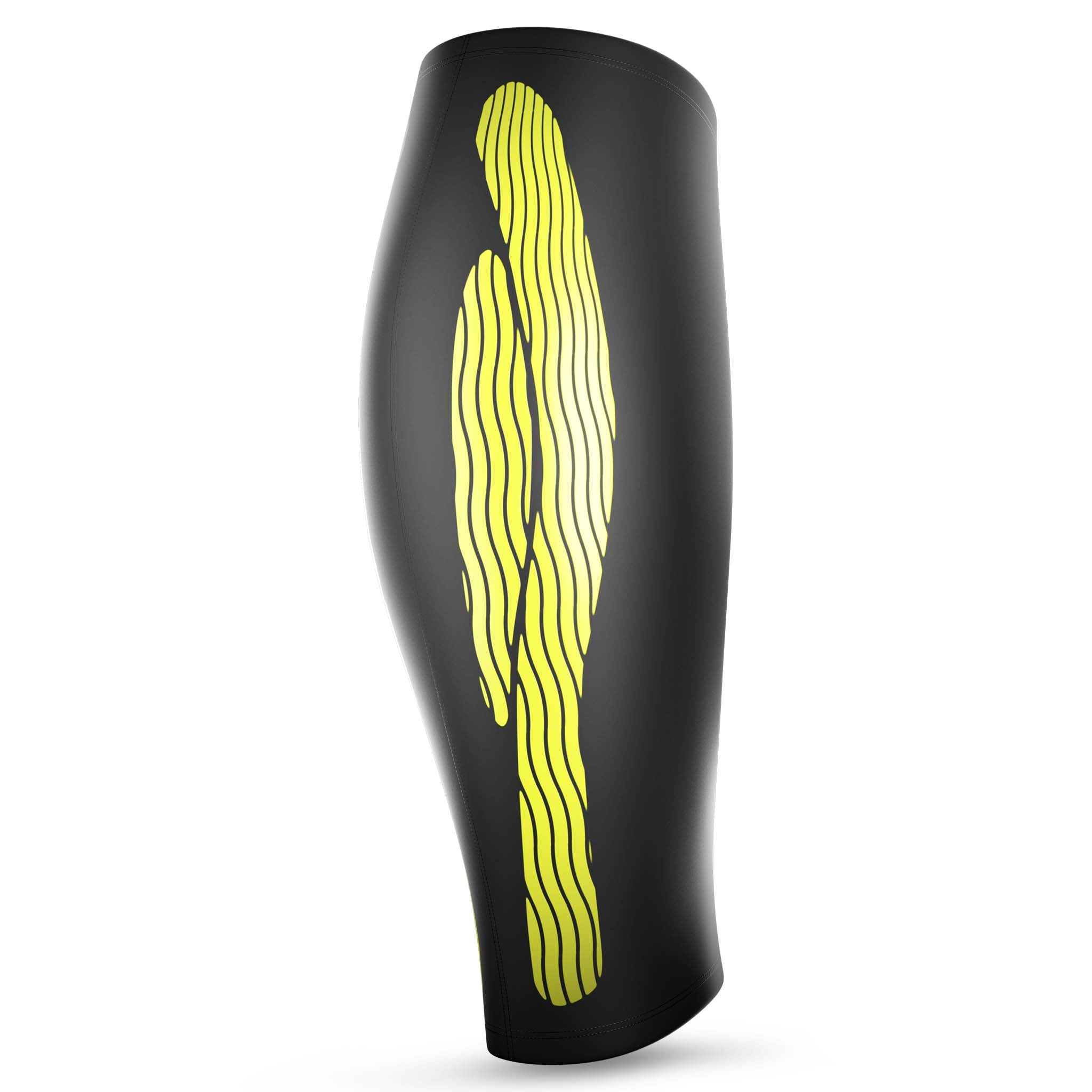 Svart Compression Calf 6150 sportstöd, baksida, med gult kinesiologiskt vågmönster