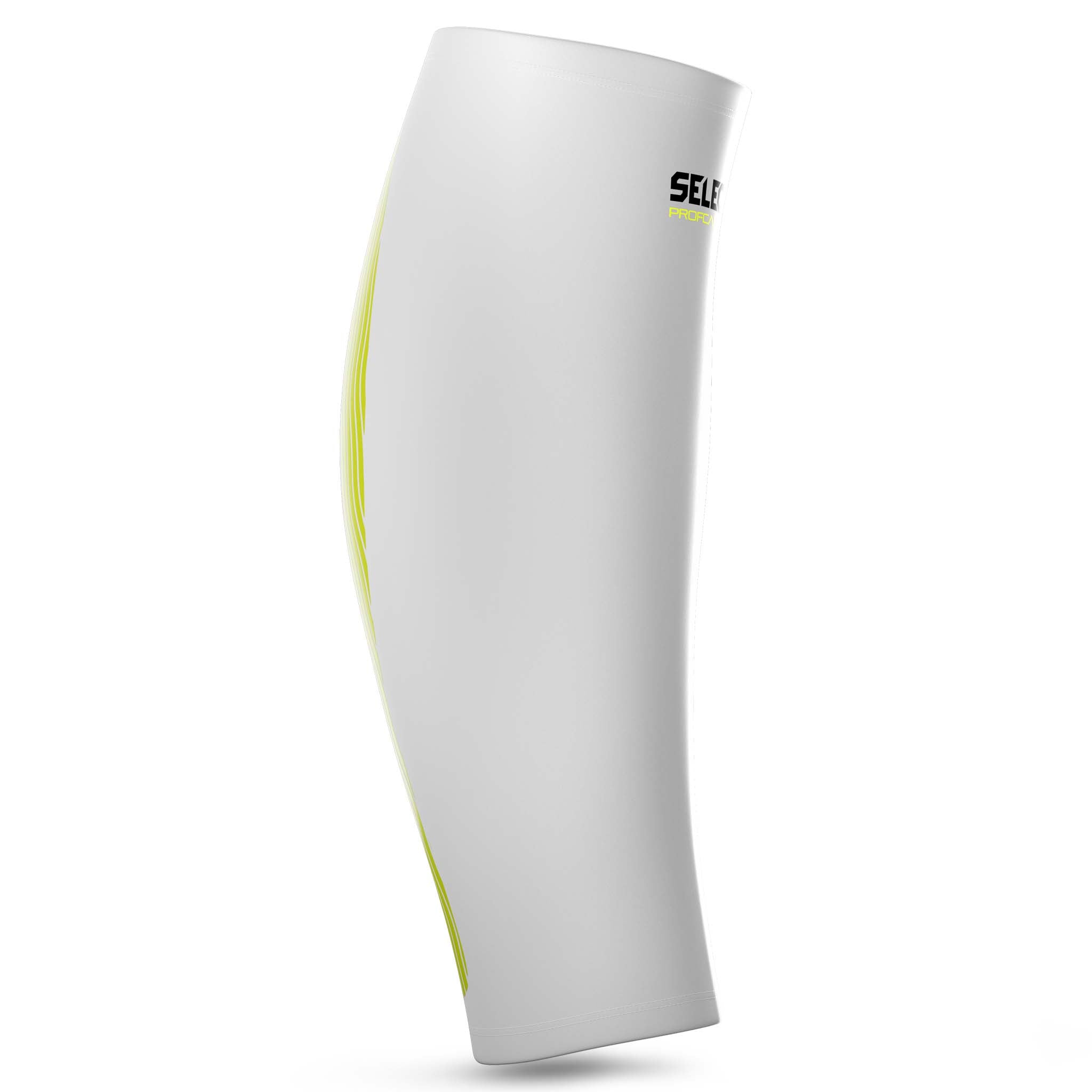 Framsida av vit Compression Calf 6150 sportstöd med gröna detaljer.
