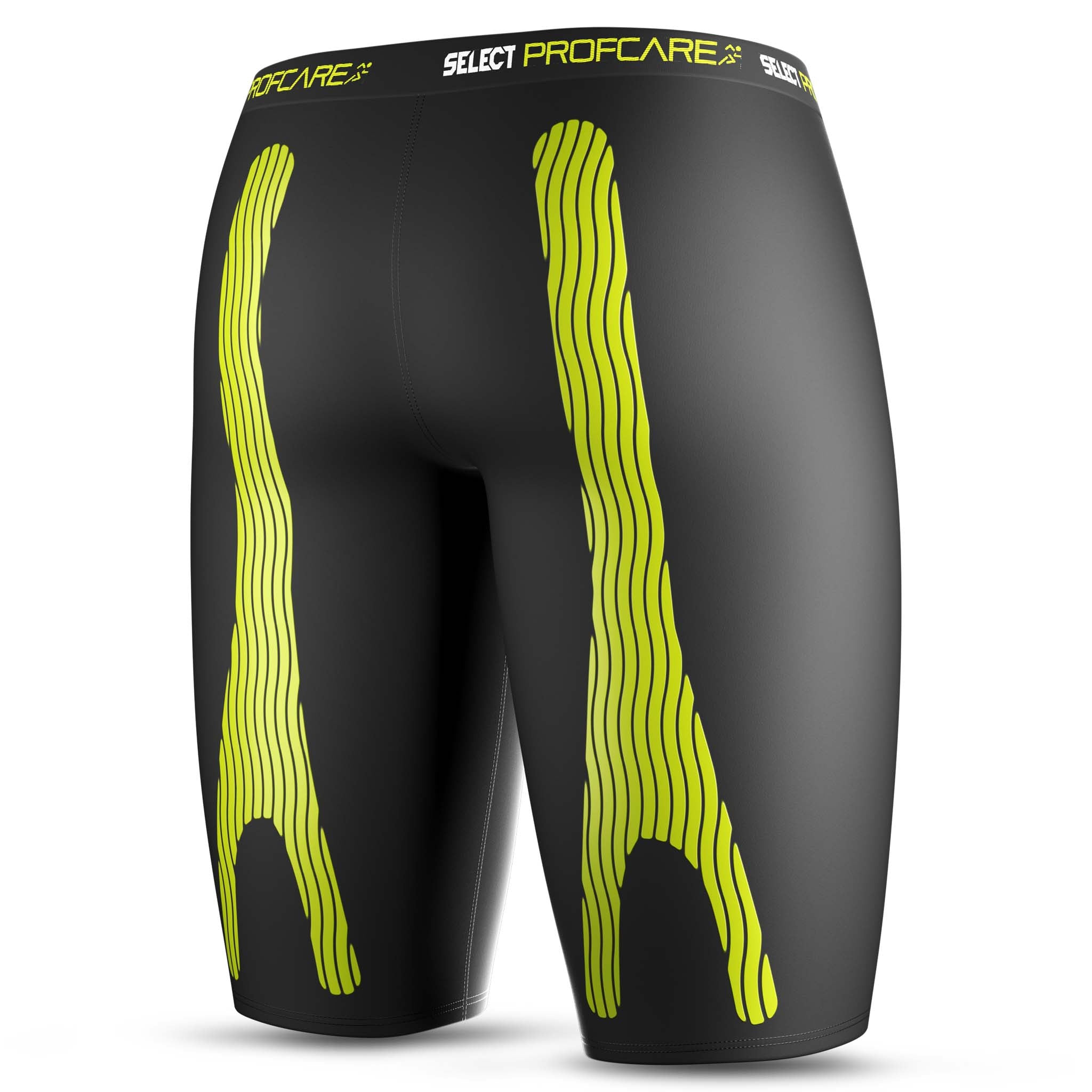 Svarta Compression shorts 6407 med gul kinesiologisk tejp, sports support, baksidesvy