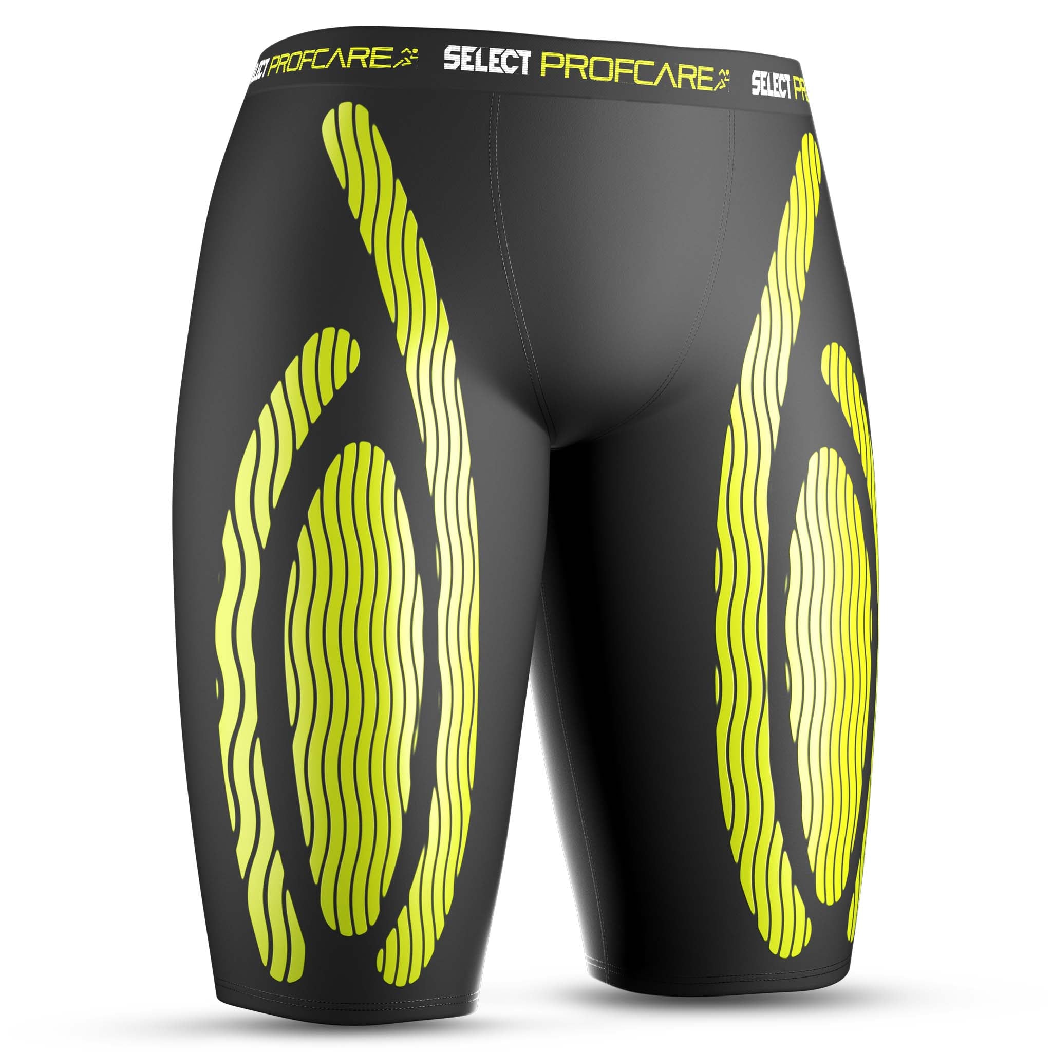 Svarta kompressionsshorts 6407 med gul design, sportstöd, framsidesvy.