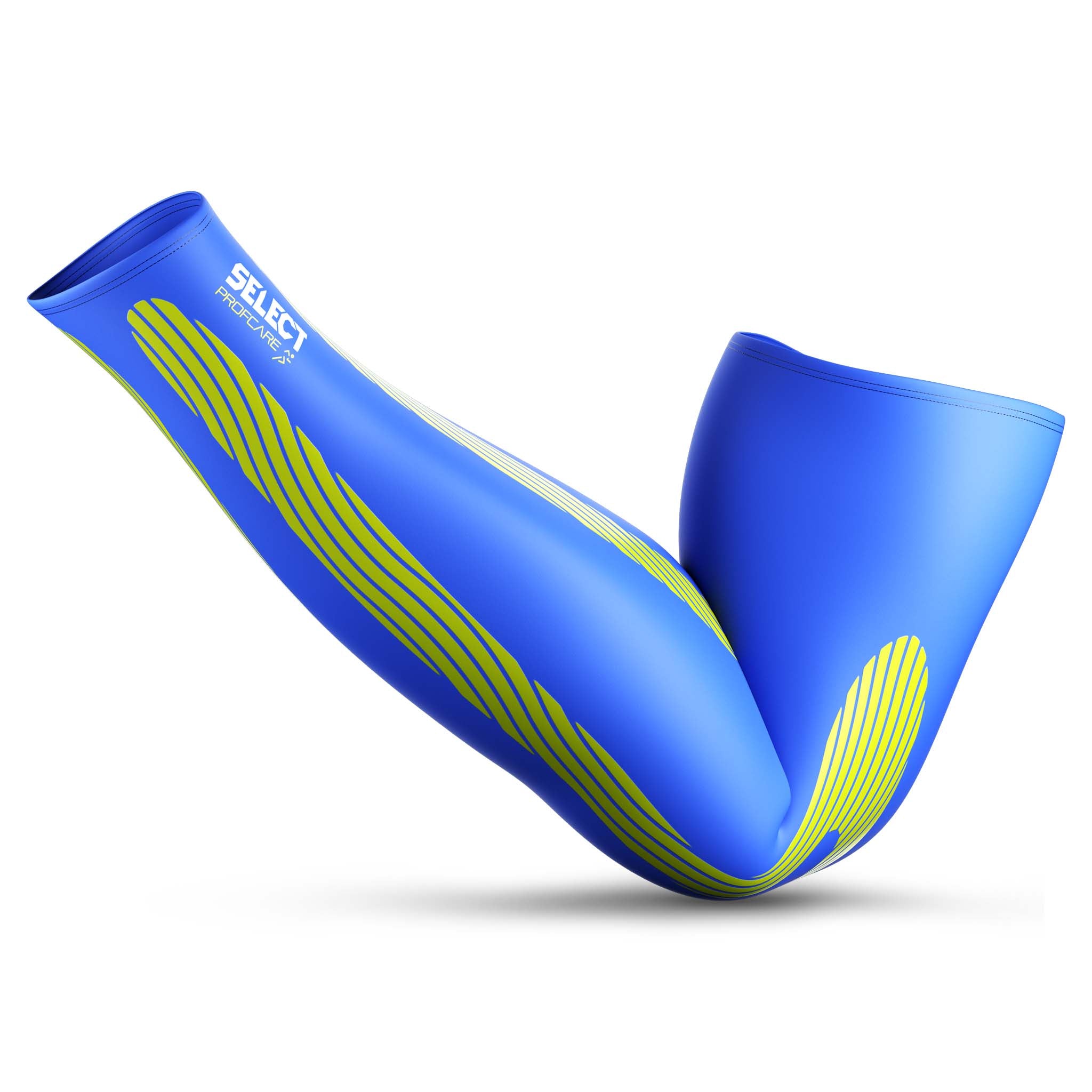 Framsida av blå Compression arm sleeves 6610, sports support, med gröna kinesiologiska linjer.