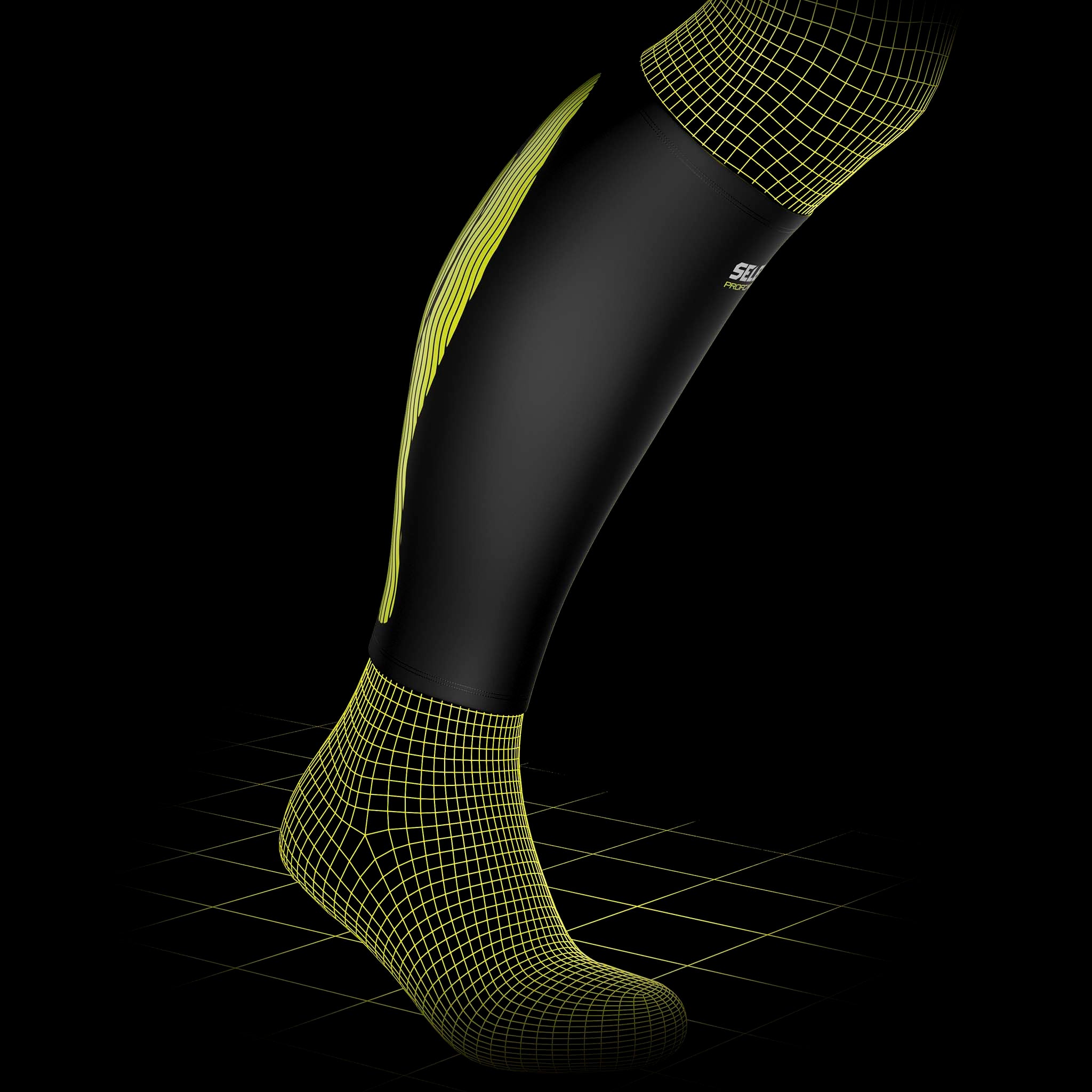 Compression Calf 6150 sportstöd i svart med gult rutmönster, framsida modellvy.