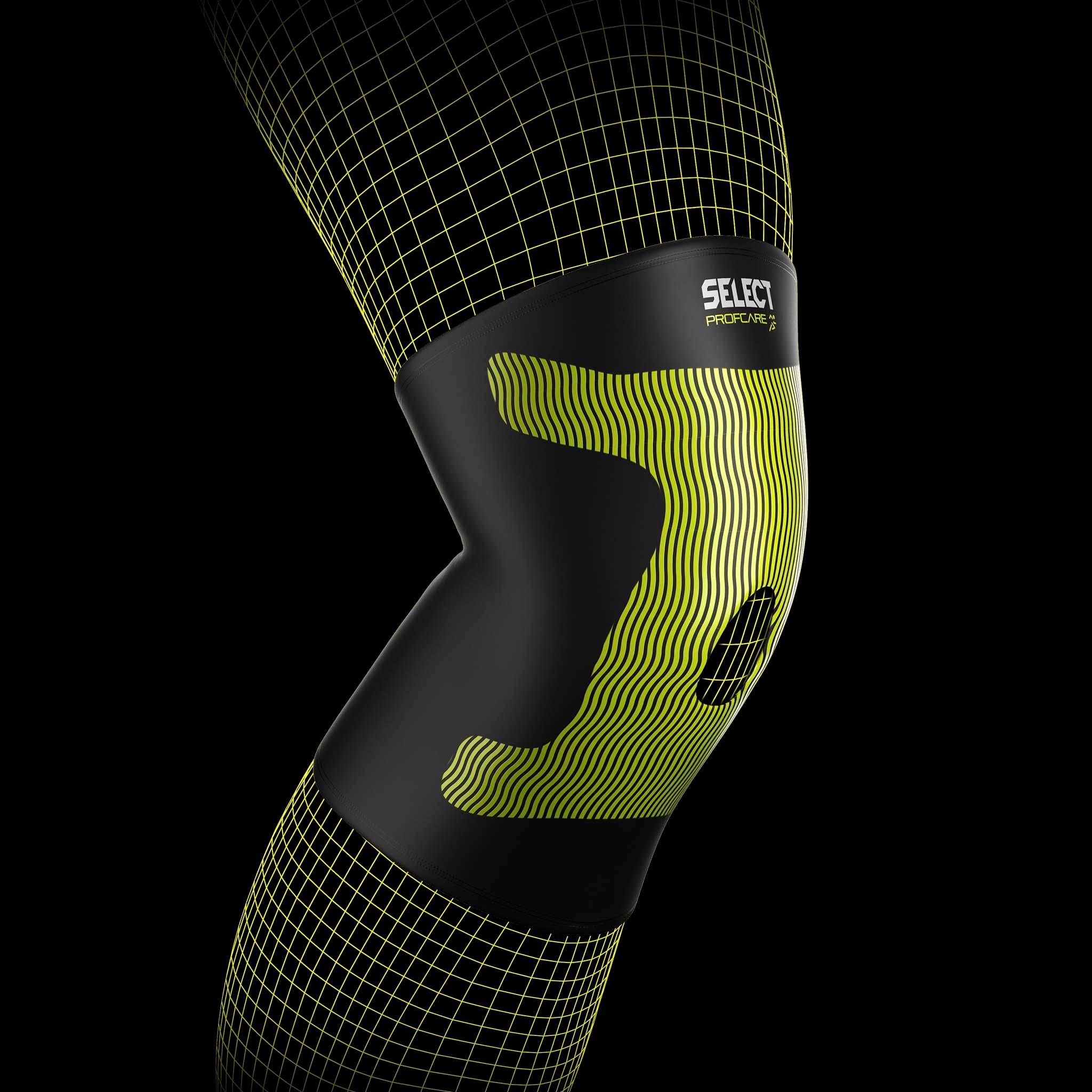 Svart och gult Compression knee support 6252, sportstöd, på ett ben med kinesiologisk effekt