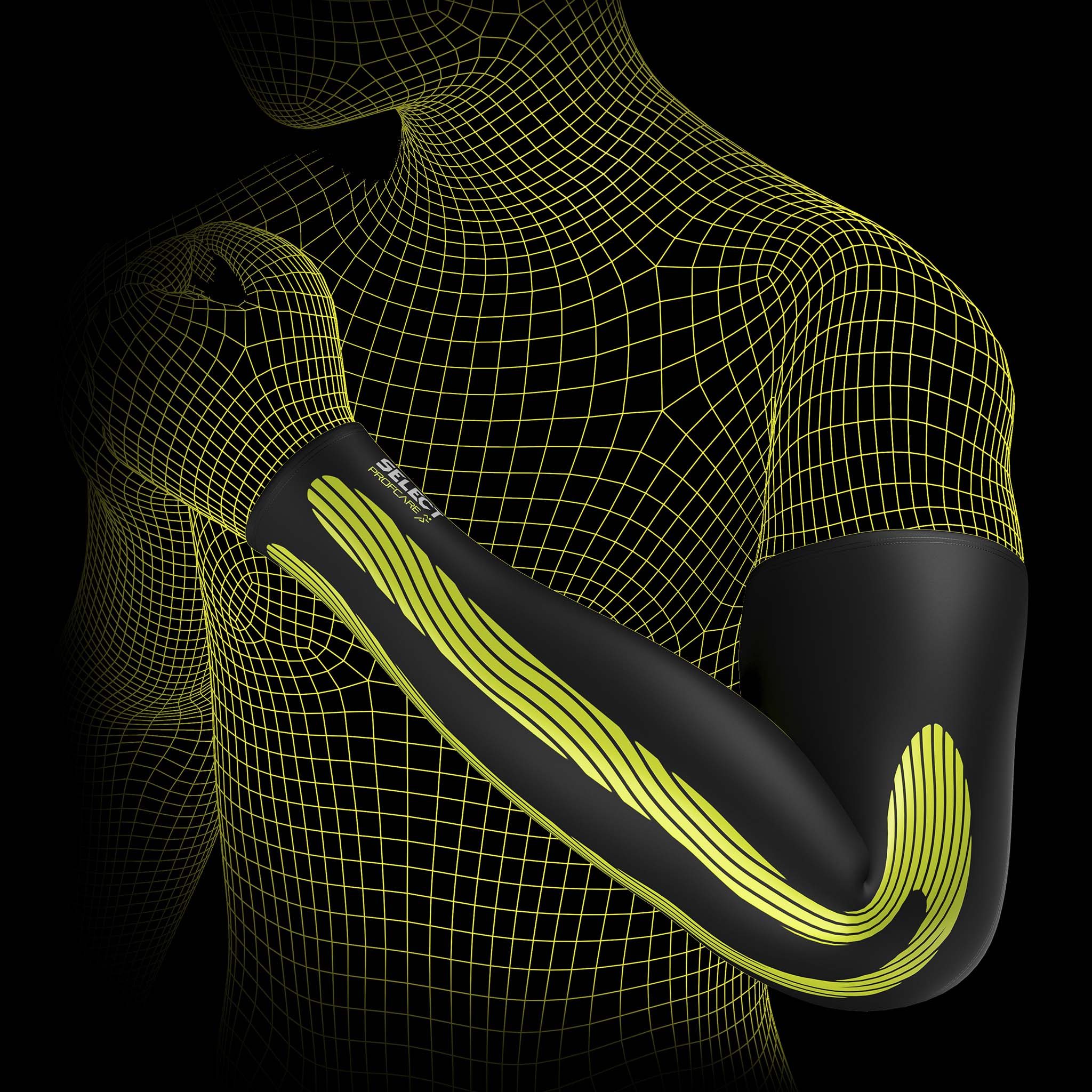 Svart och gul Compression arm sleeves 6610 sportstöd som visar kinesiologisk effekt på modellens arm